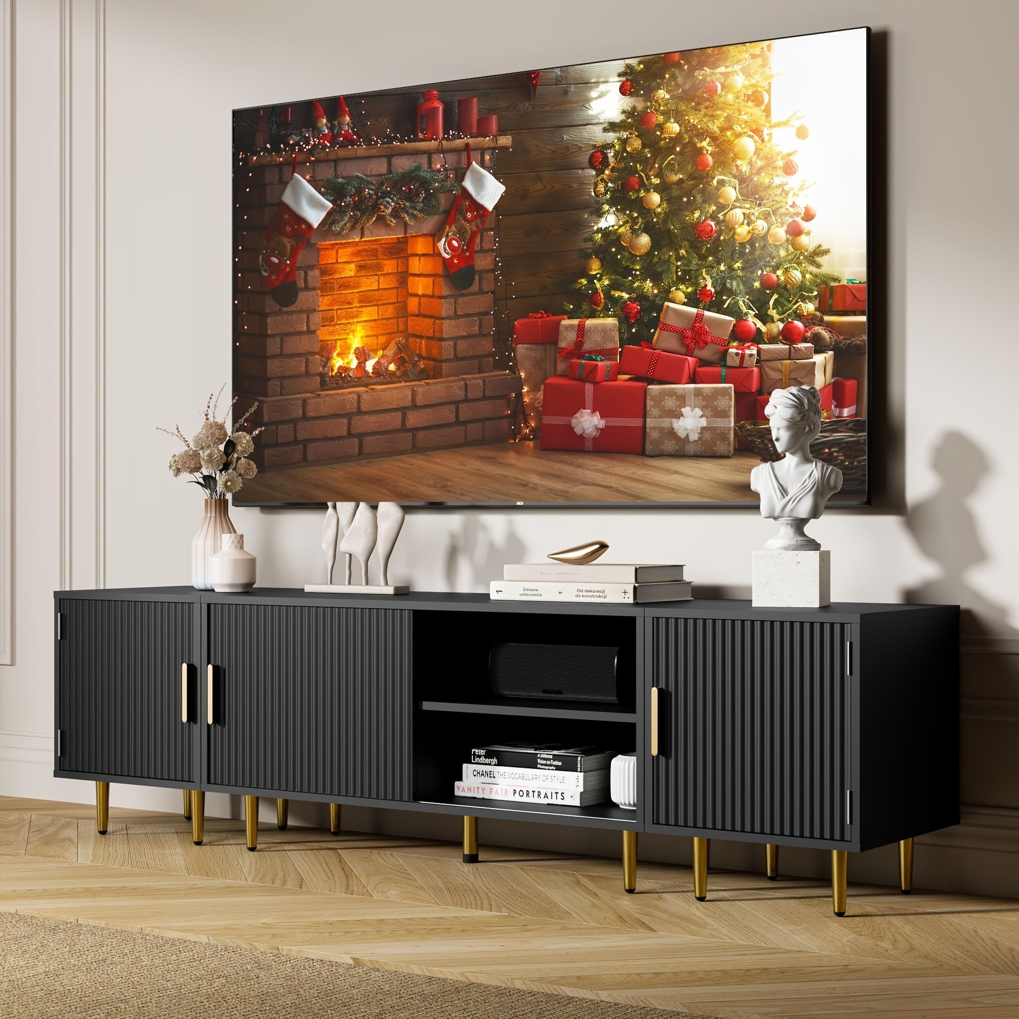 Elegant White 3-in-1 Adjustable TV Stand with Fluted Waveform Door - Modern Entertainment Center Featuring 2 Movable Storage Cabinets, Perfect for 50/60/70/80 Inch TVs - Ideal for Living Room & Bedroom