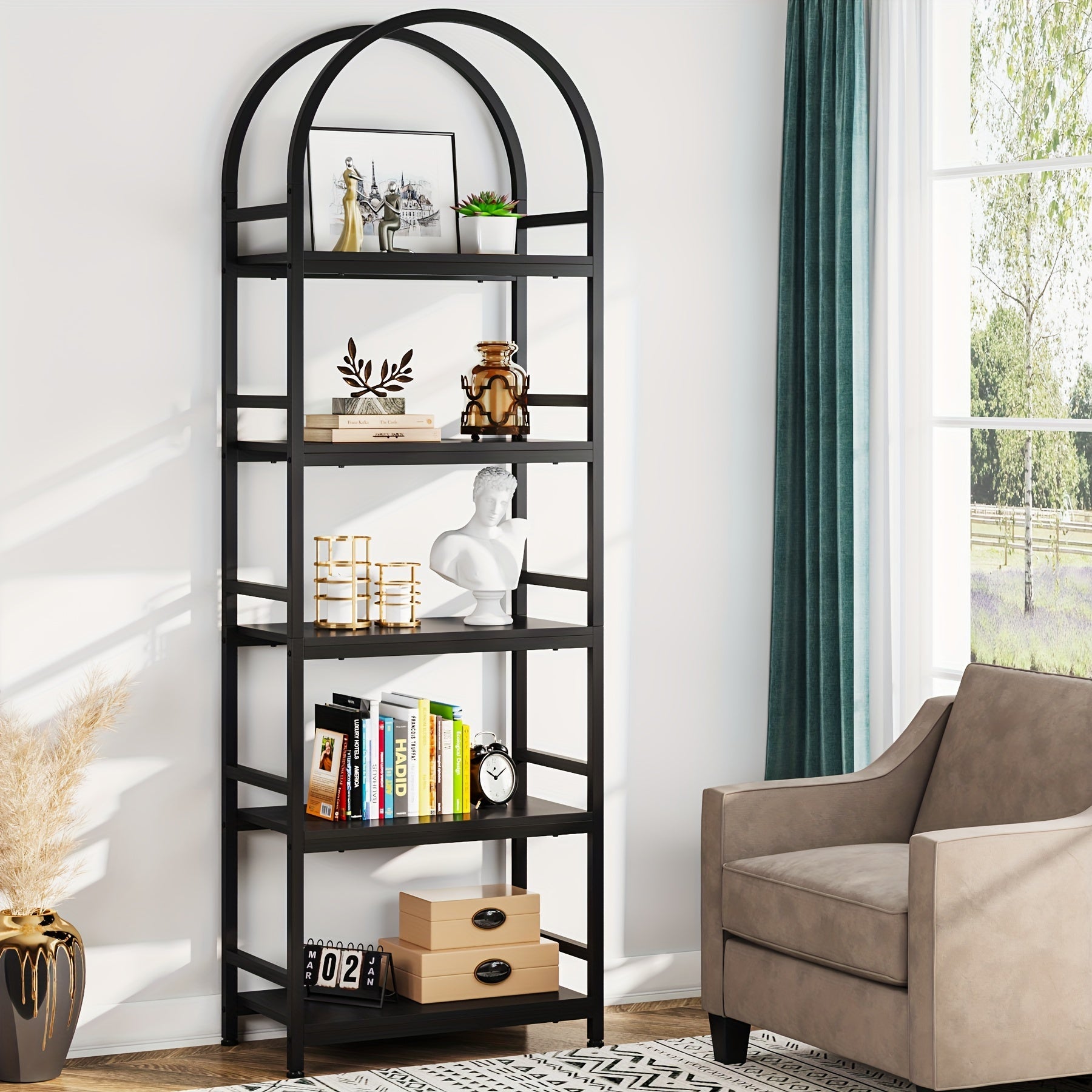 5-Tier Open Bookshelf, 190cm Industrial Arched Bookcase Storage Shelves with Metal Frame, Farmhouse Storage Rack Tall Standing Bookshelves for Bedroom, Living Room, Home Office