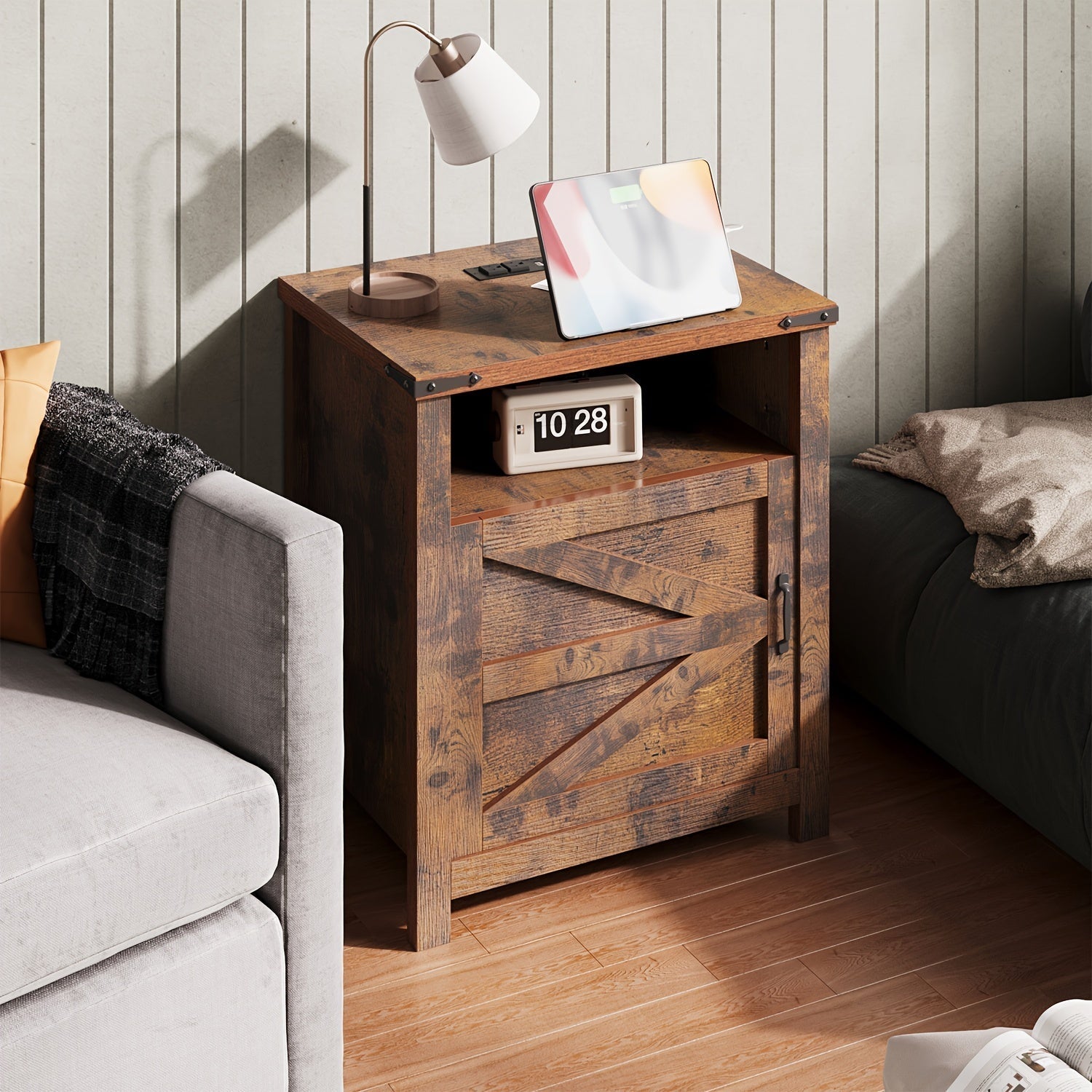 Farmhouse End Table With Charging Station, 21'' Rustic Nightstand With Barn Door, And Open/Closed Storage, Set Of 2 For Living Room Or Bedroom.