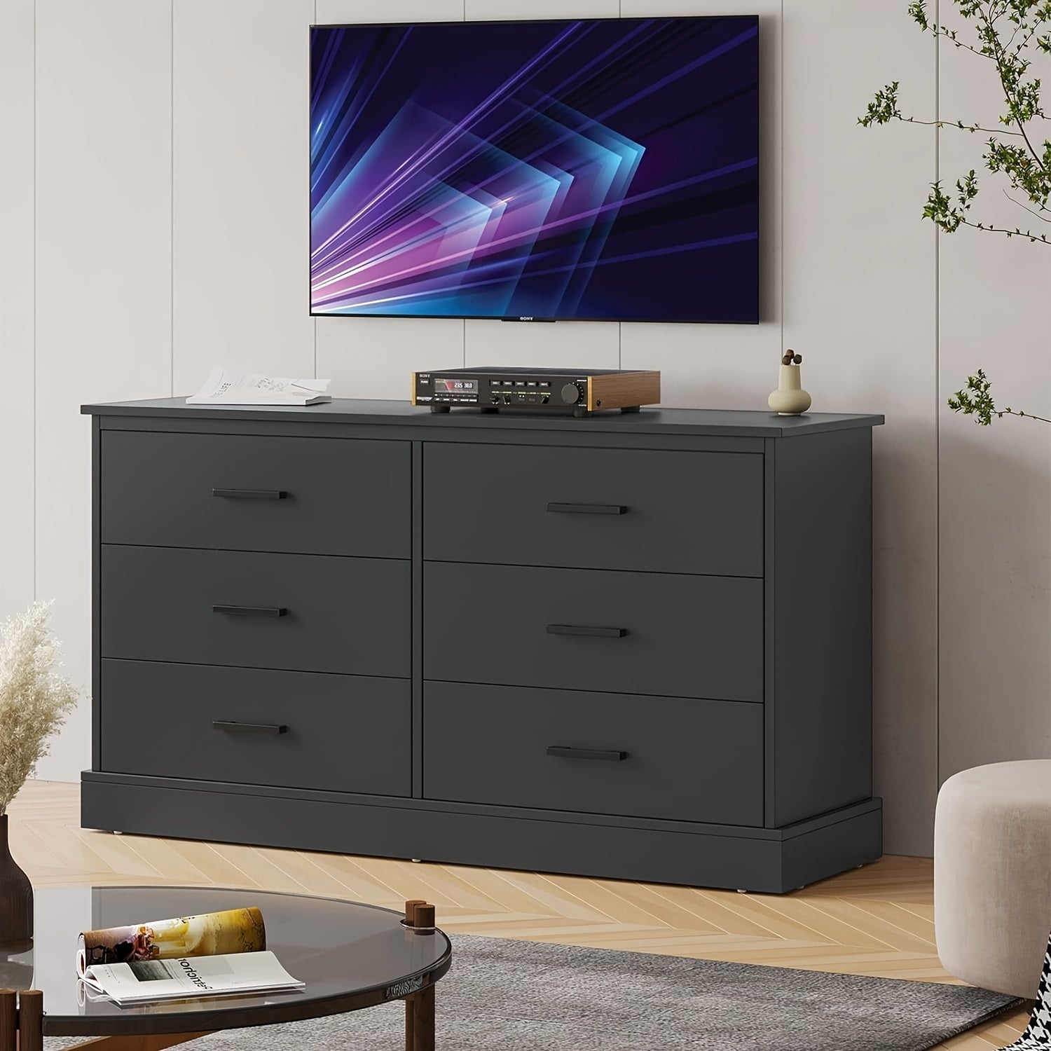 Black Double Dresser with 6 Drawers, Modern Large Chest of 6 Drawers Storage Cabinet for Bedroom Hallway