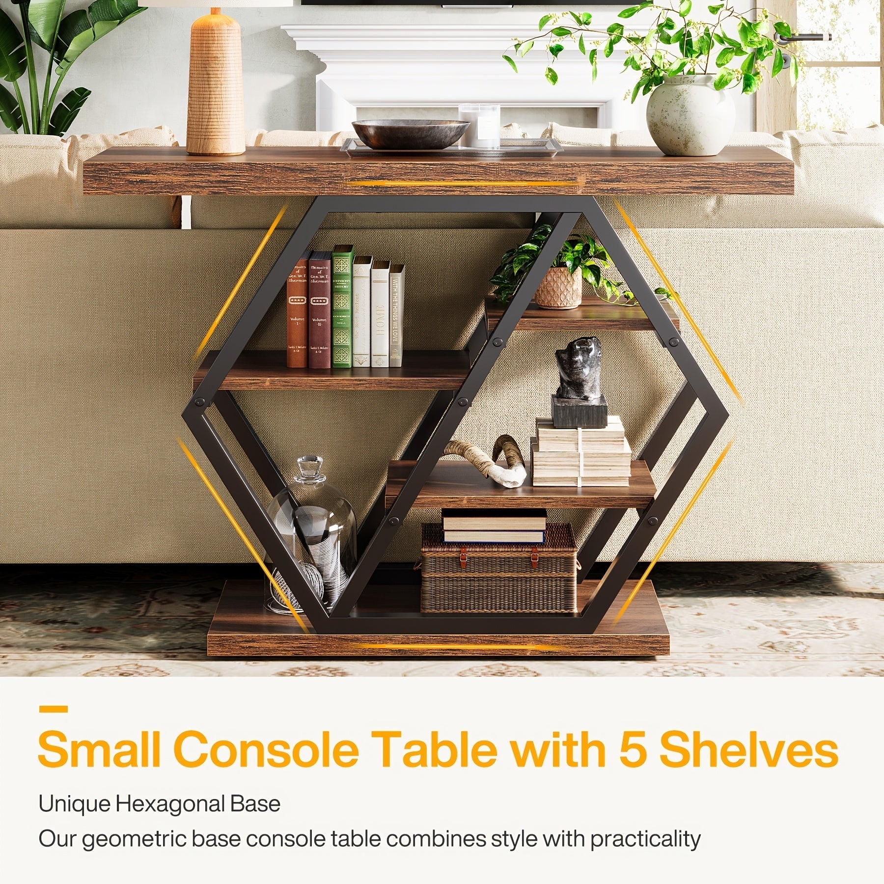 100 cm Brown Rectangle Wood Console Table, 5-Tier Sofa Table Storage Behind Sofa Entryway Couch Accent Wall Console Home