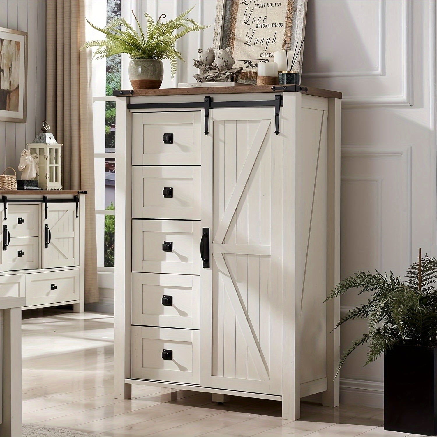 5 Drawers Dresser for Bedroom w/Sliding Barn Door, Farmhouse Modern Tall Dresser 5 Chest of Drawers, Storage Organizer Dresser for Bedroom, Hallway, Living Room, Kids Room