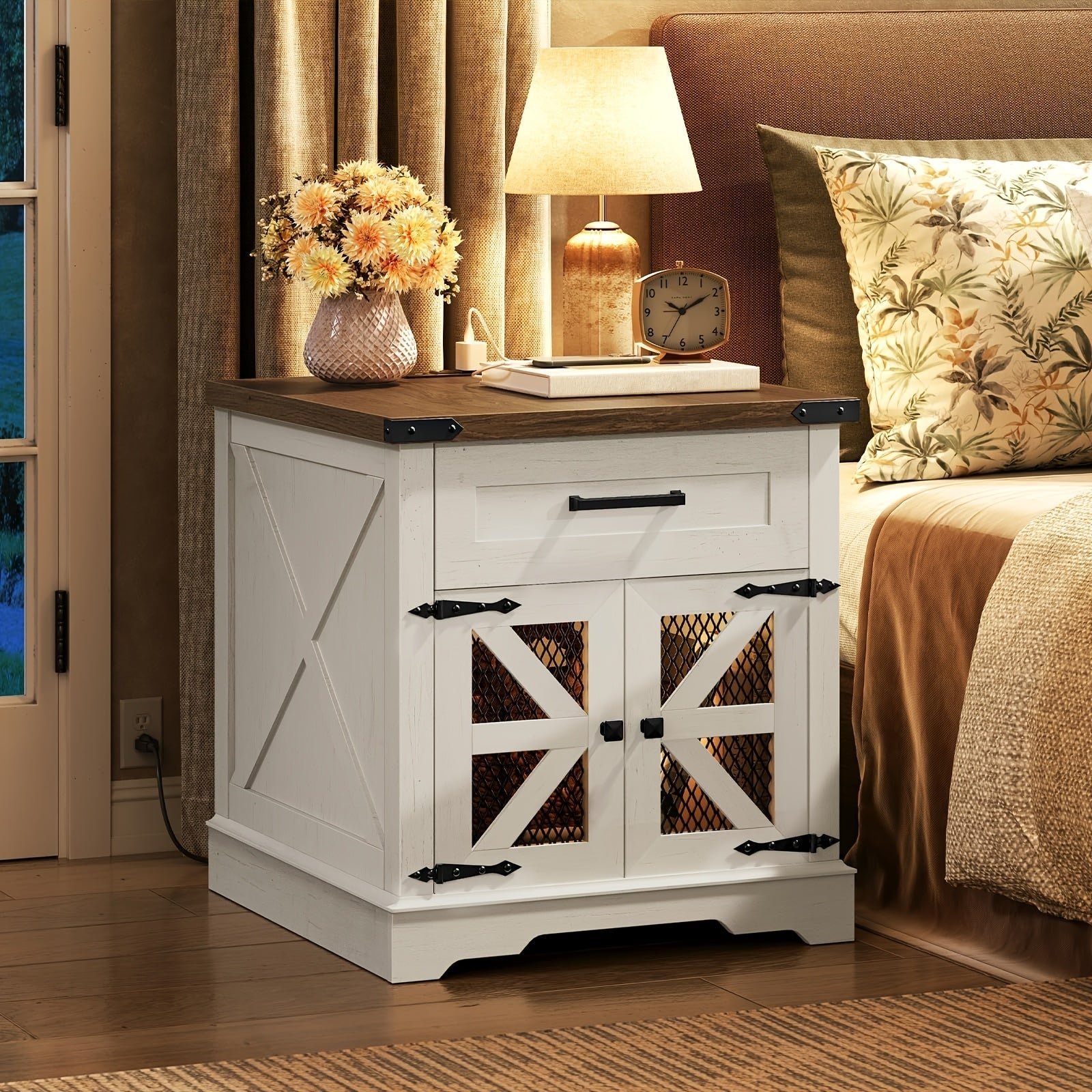 White Farmhouse End Table With Charging Station, 24" Large Sofa Side Table With Drawer, Large End Table For Living Room, Wooden Nightstand With Outlet, Square, White And Walnut