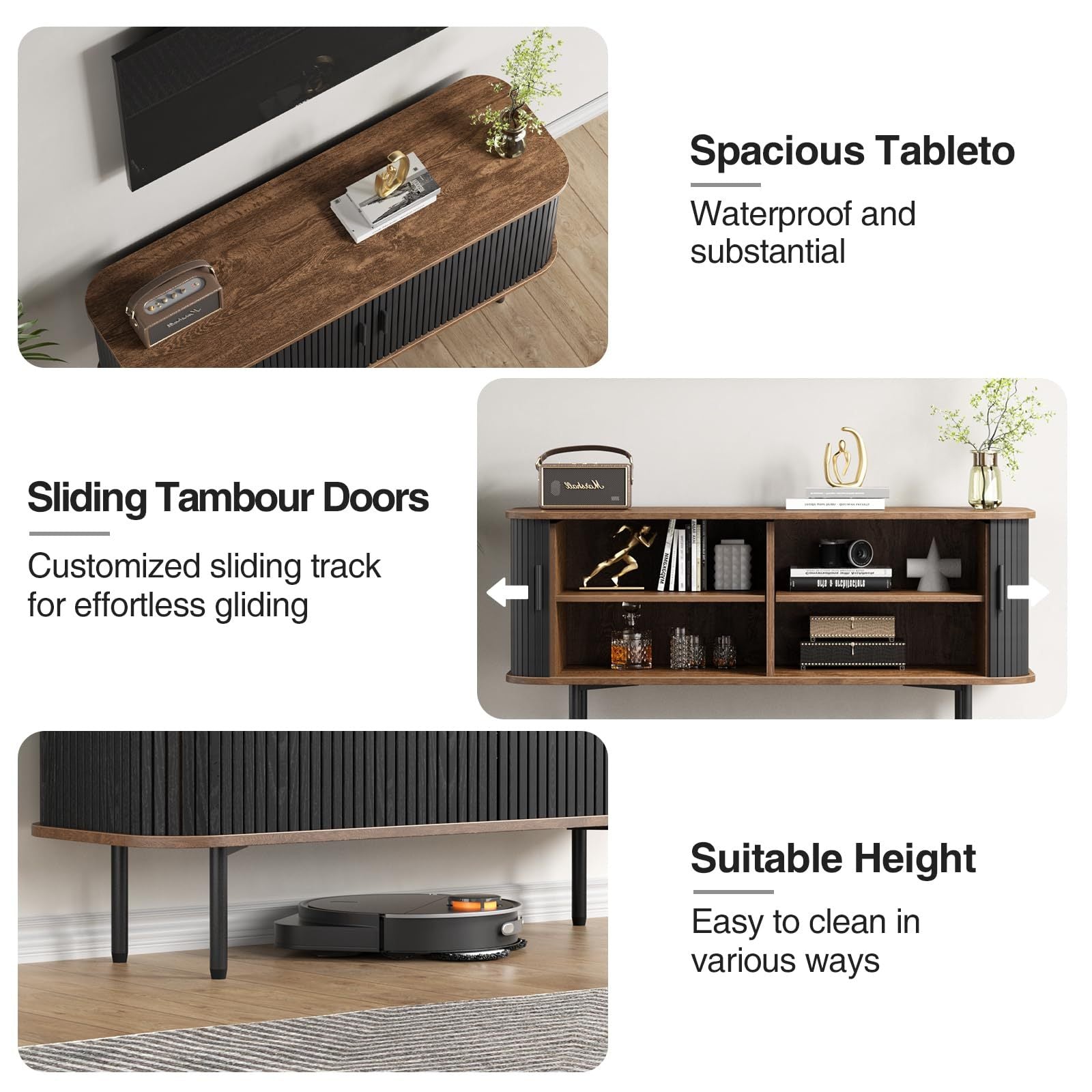 Natural Storage Cabinet, Media Console, Tambour TV Stand, Television Stands with Curvy Edge; Sliding Door, Fluted Cabinet, Buffet Sideboard, Credenza, Table Stand for Living Room, Kitchen