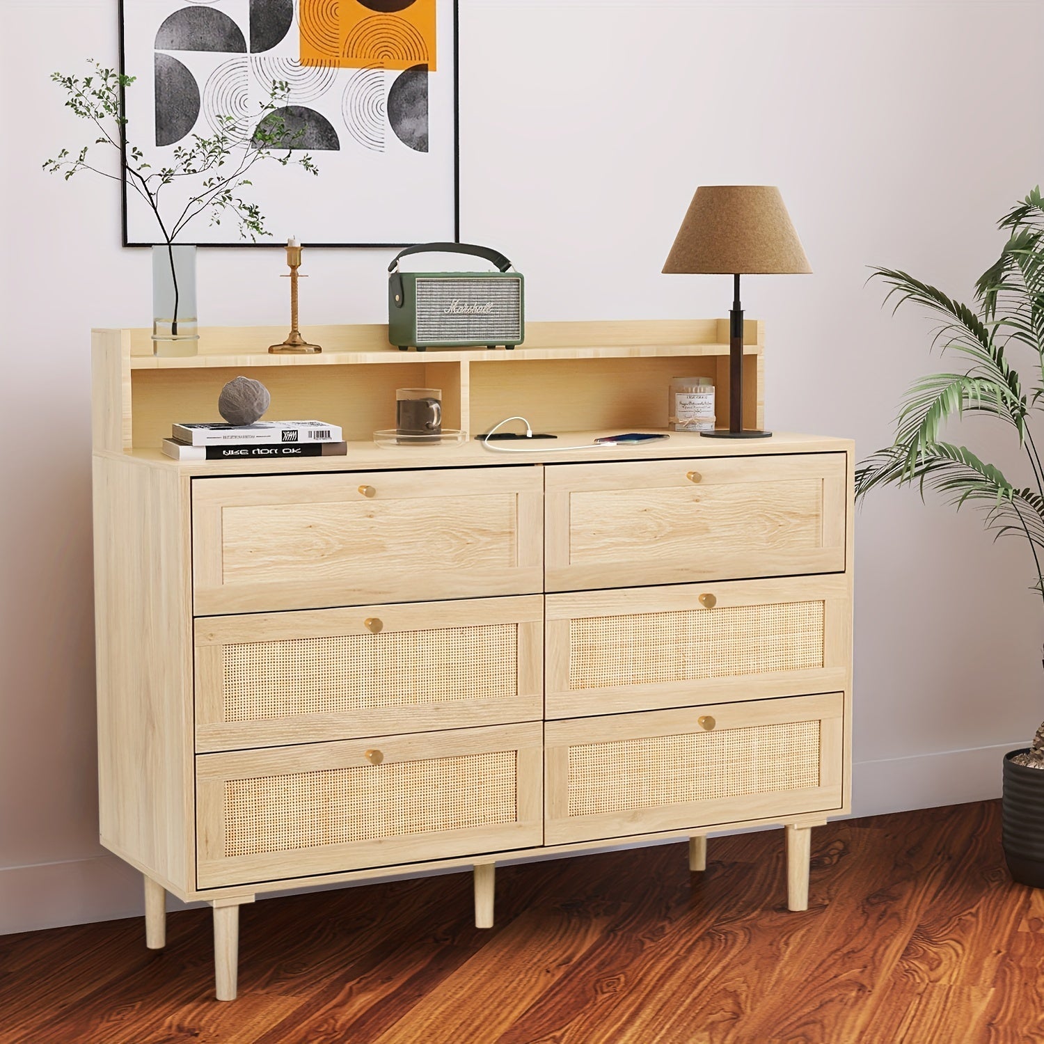 Rattan 6 Drawer Bedroom Dresser With Charging Stand And Shelf