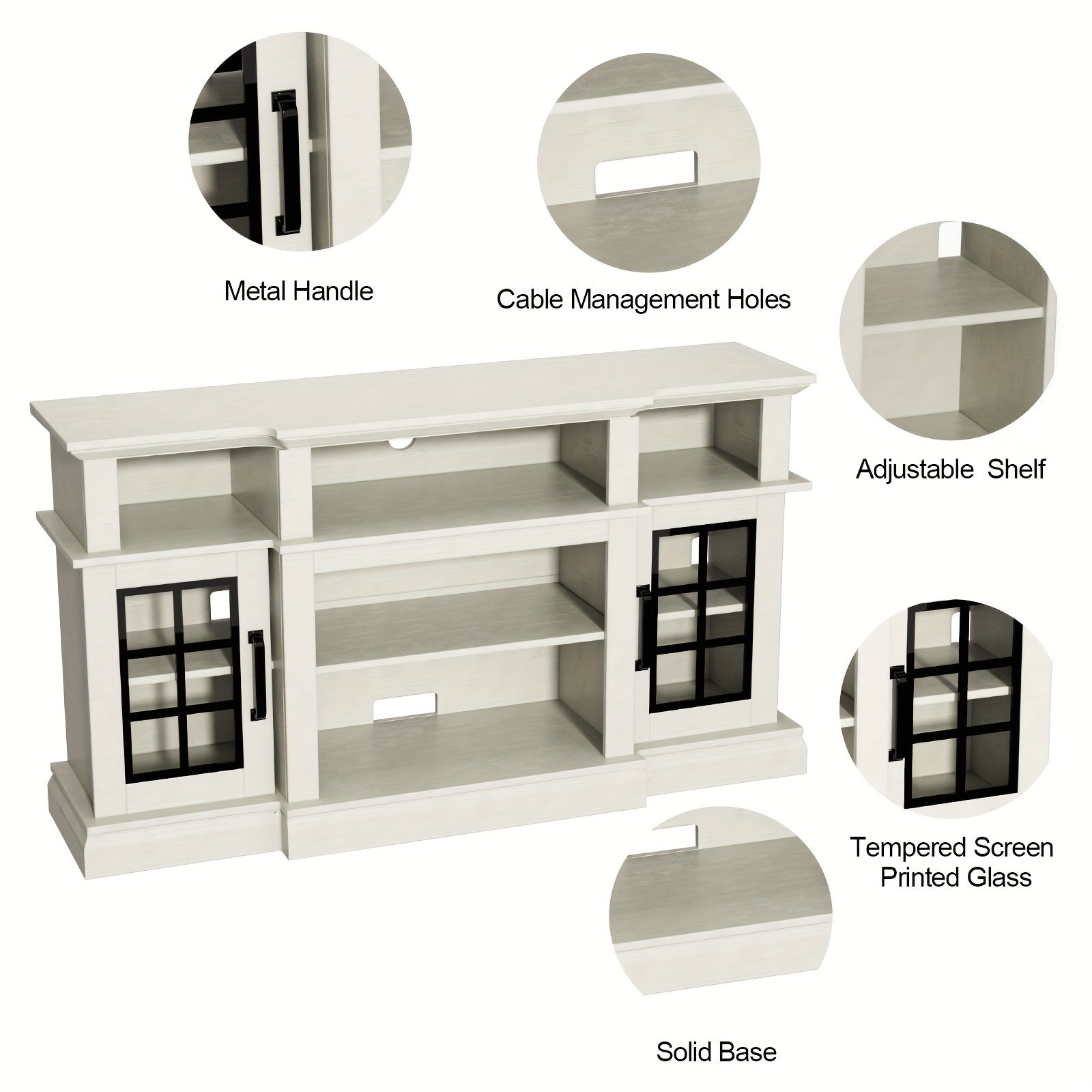 Antique White TV Stand for 165cm TV, Modern TV Stand with Glass Door, Farmhouse Entertainment Center for Bedroom, Tall Media Console Table with Classic Breakfront Design