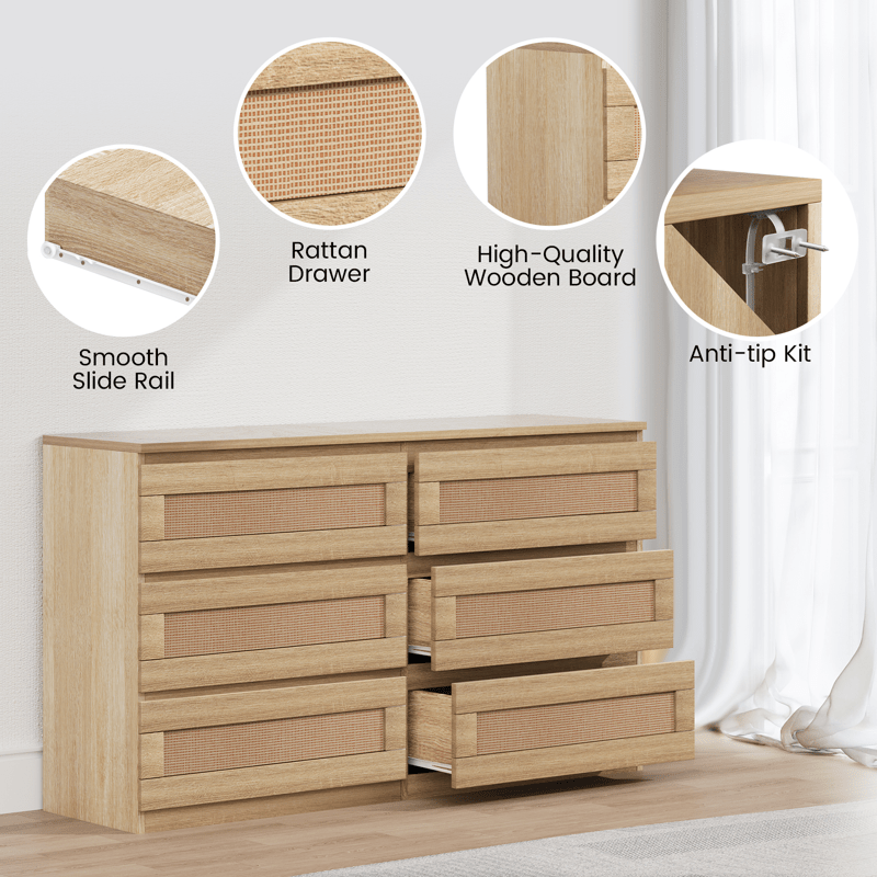 Rattan Dresser for Bedroom, Modern 6-Drawer Double Dresser with Anti-Tip Kit, Wood Storage Wide Chest of Drawers for Bedroom, Living Room, Hallway