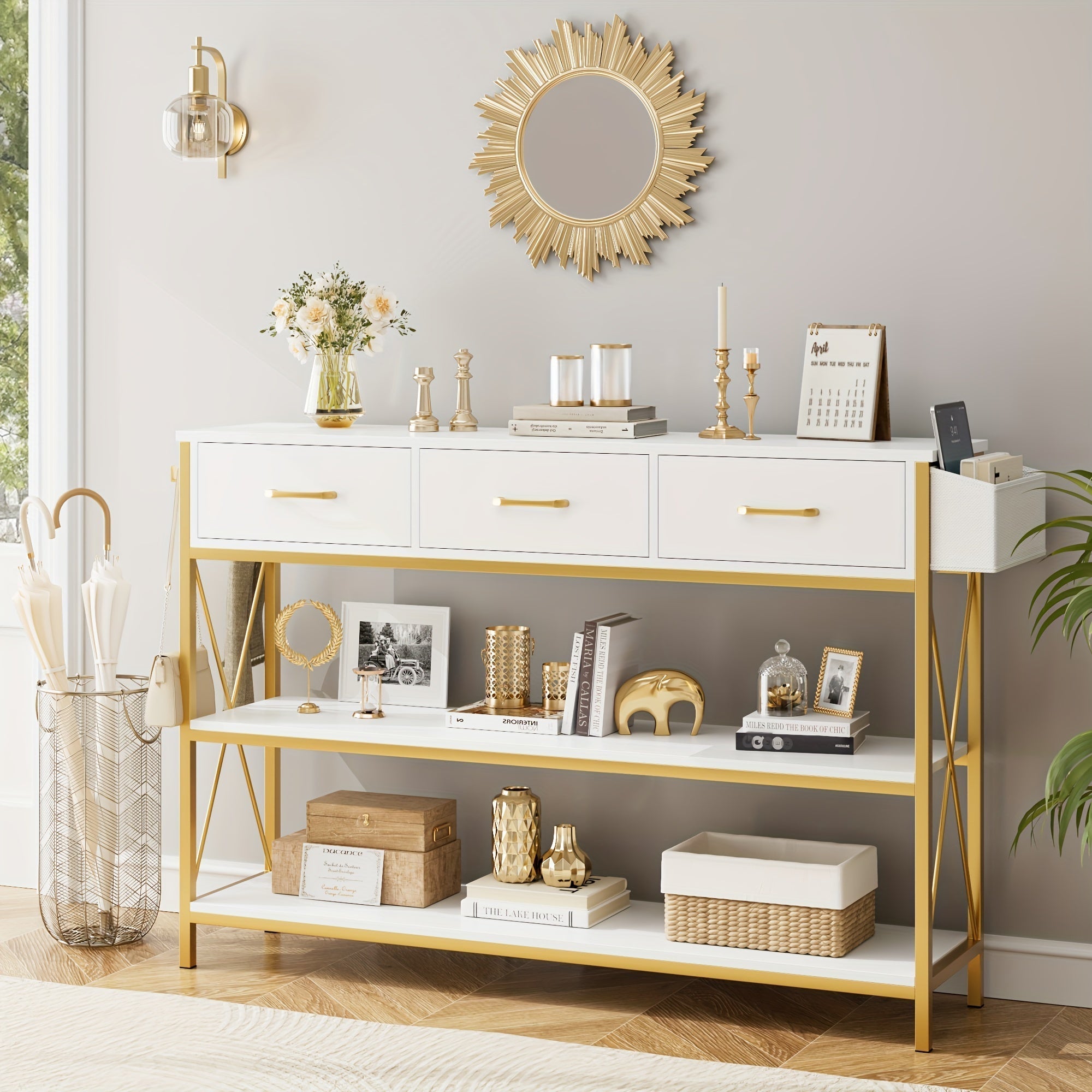 Industrial Console Table With 3 Drawers, Vintage Hallway Foyer Table With Storage Shelves, Narrow Long Sofa Entryway Table For Living Room (Dimensions in cm)