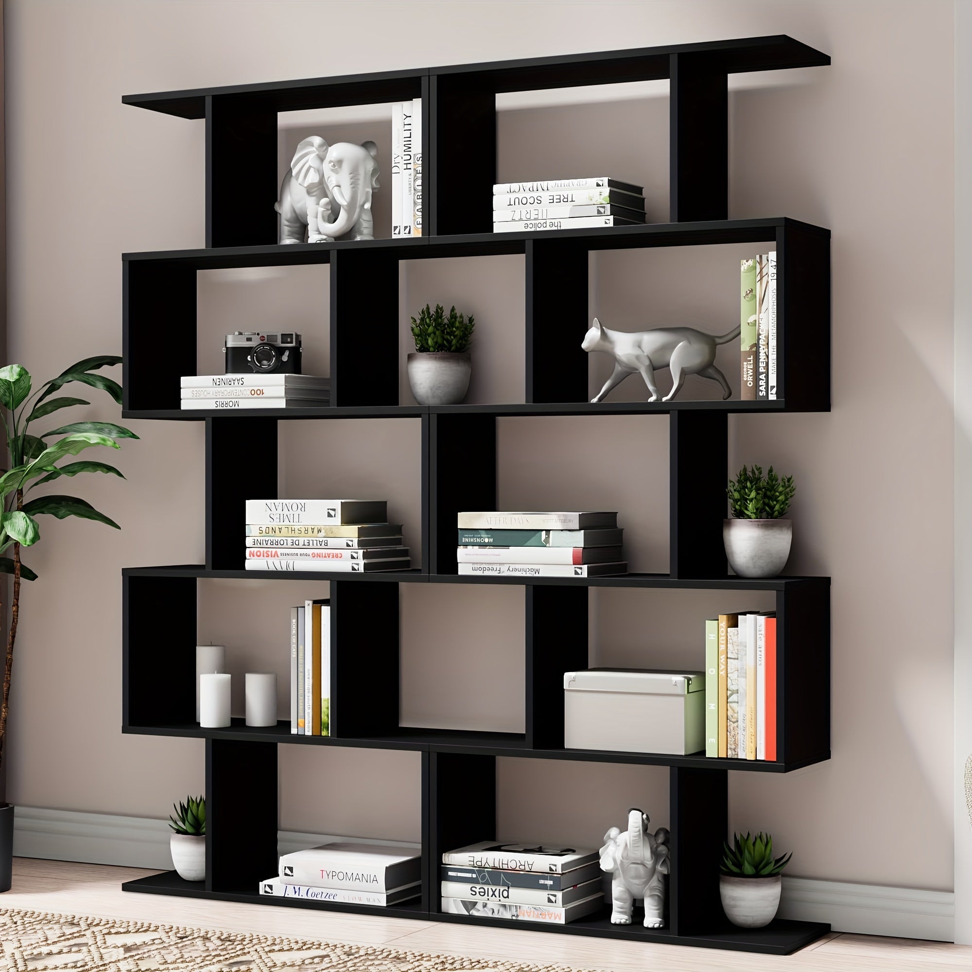 5-Tier Wooden Geometric S-Shaped Bookcase, Set Of 2 Storage Rack With Open Shelves, Shelving For Plant Album, Trinket Display, Spacious Storage Display Shelf - 62.5" Tall For Home & Office Decor, Room Divider, And Or