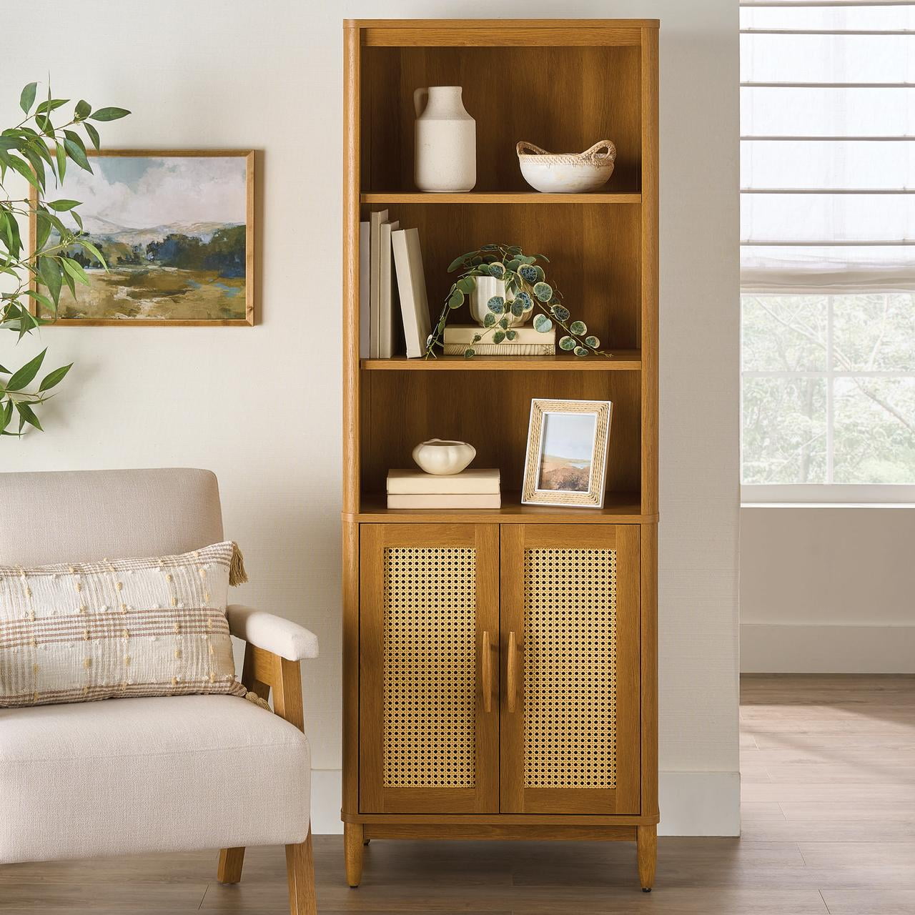 Bookcase with Doors, Light Honey Finish，26.46" L x 15.51" W x 71.97" H