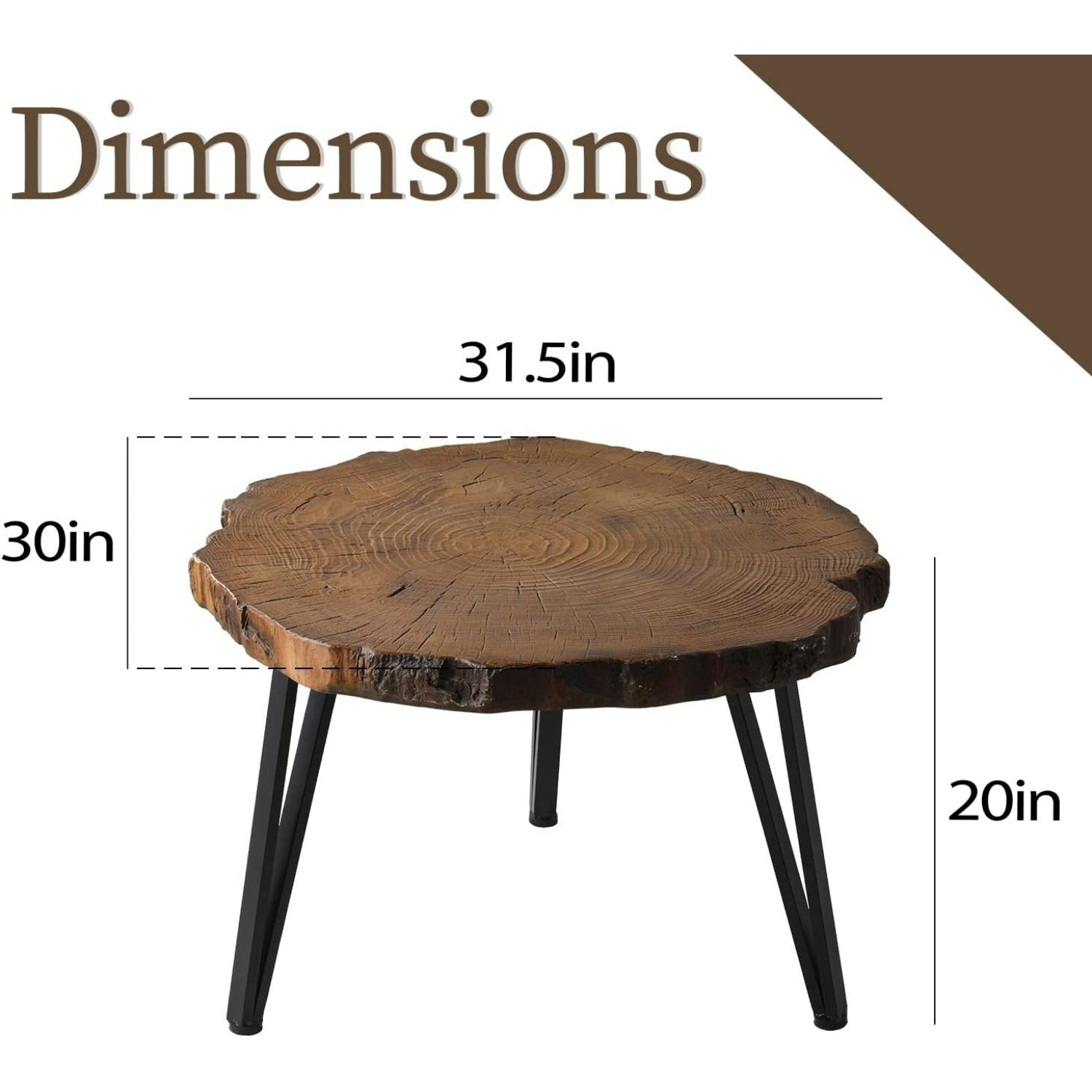 81cm Indoor Outdoor Faux Wood Tree Slicing Coffee Table, Natural Oak Hand Painted Finish, 3 Black Metal Legs