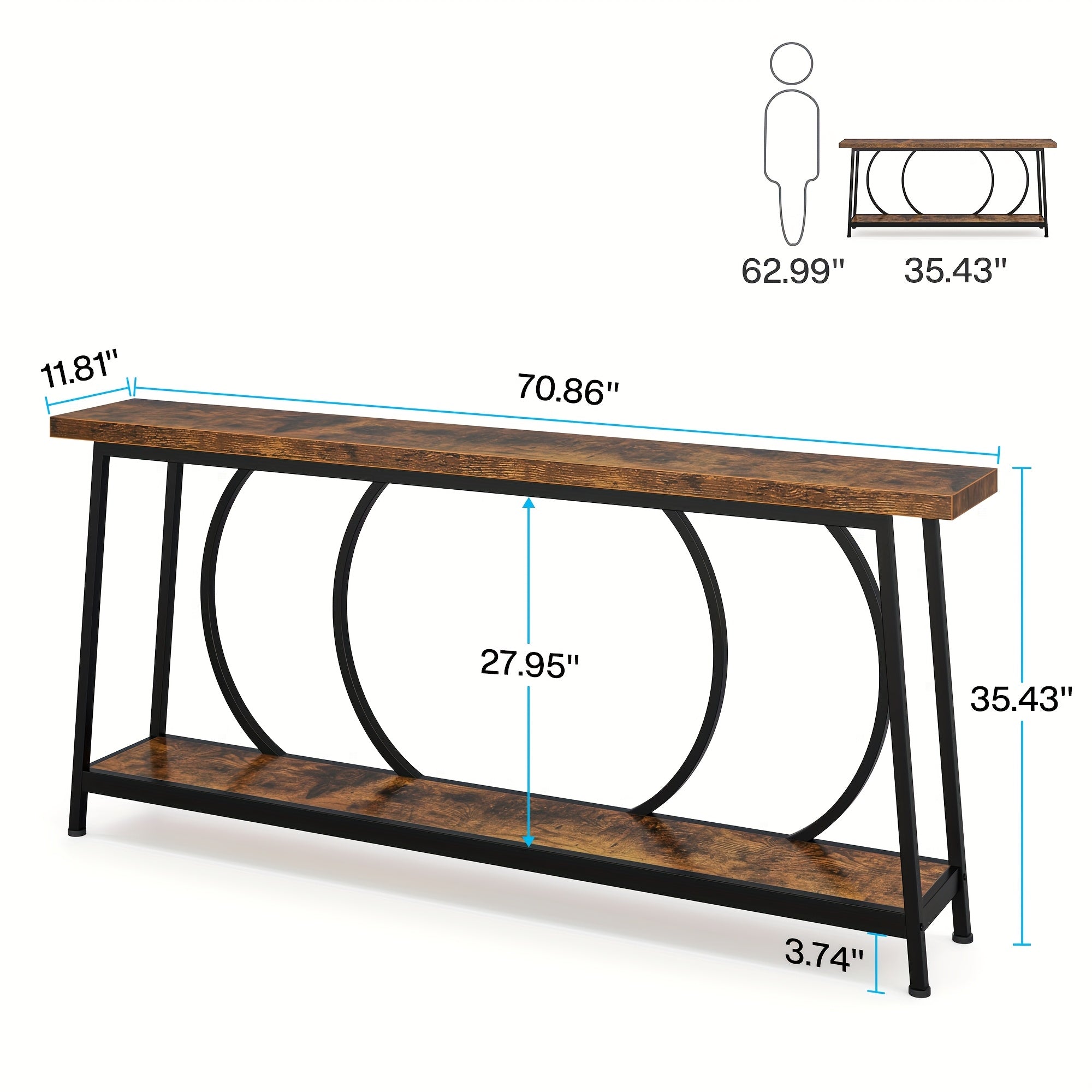 180 cm Industrial Narrow Console Table with Storage Shelf, Rustic Entryway Table, Extra Long Sofa Table for Living Room, Hallway - Black Metal Frame, Wood Top & Shelf, Easy Assembly