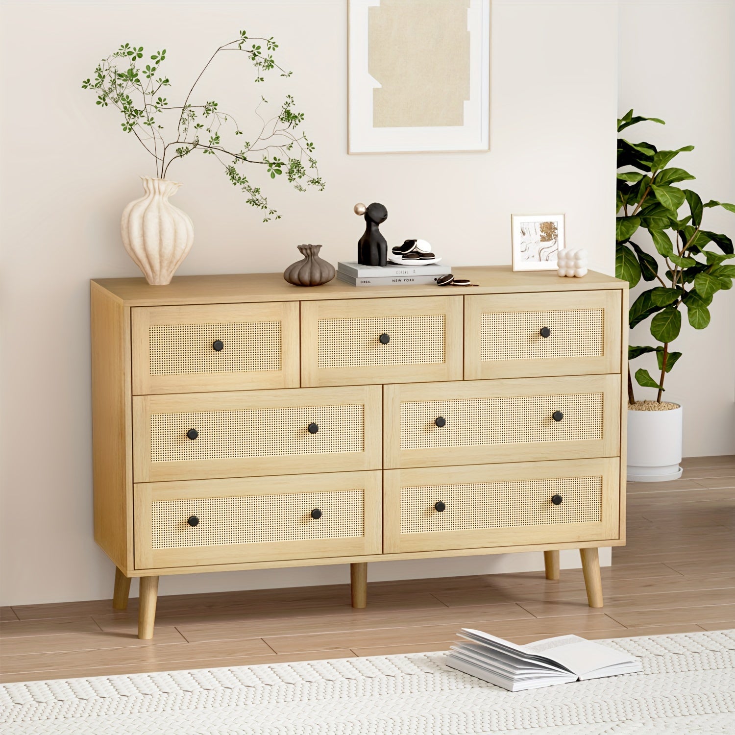 Natural Rattan Dresser For Bedroom, Modern Wood 7 Drawer Dresser With Gold Handles