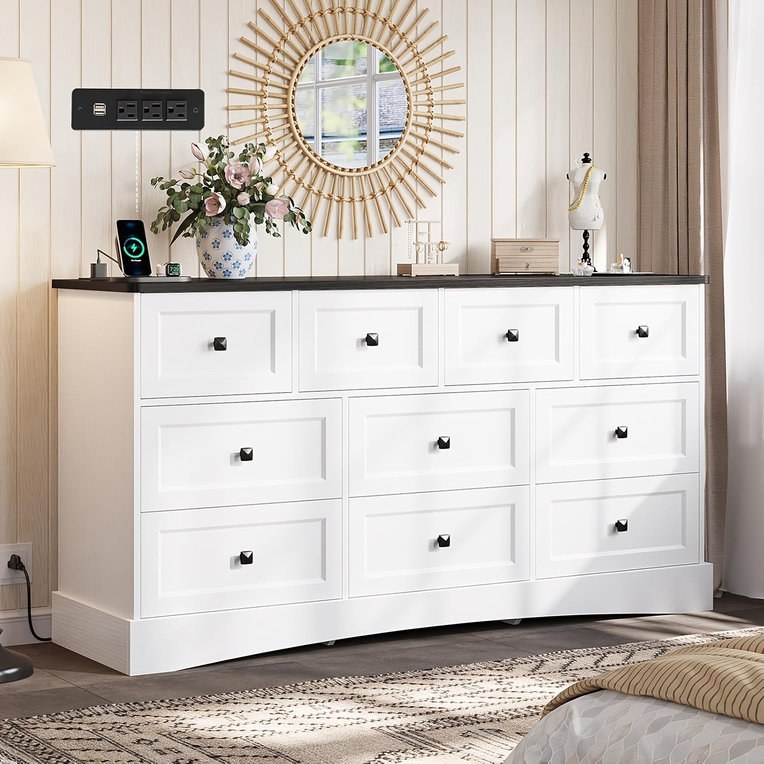 1pcs White/Black Dresser With 10 Drawers For Bedroom, Large Dresser/Chest Of Drawers With Charging Station, 10 Drawers Dresser Storage Cabinets For Living Room