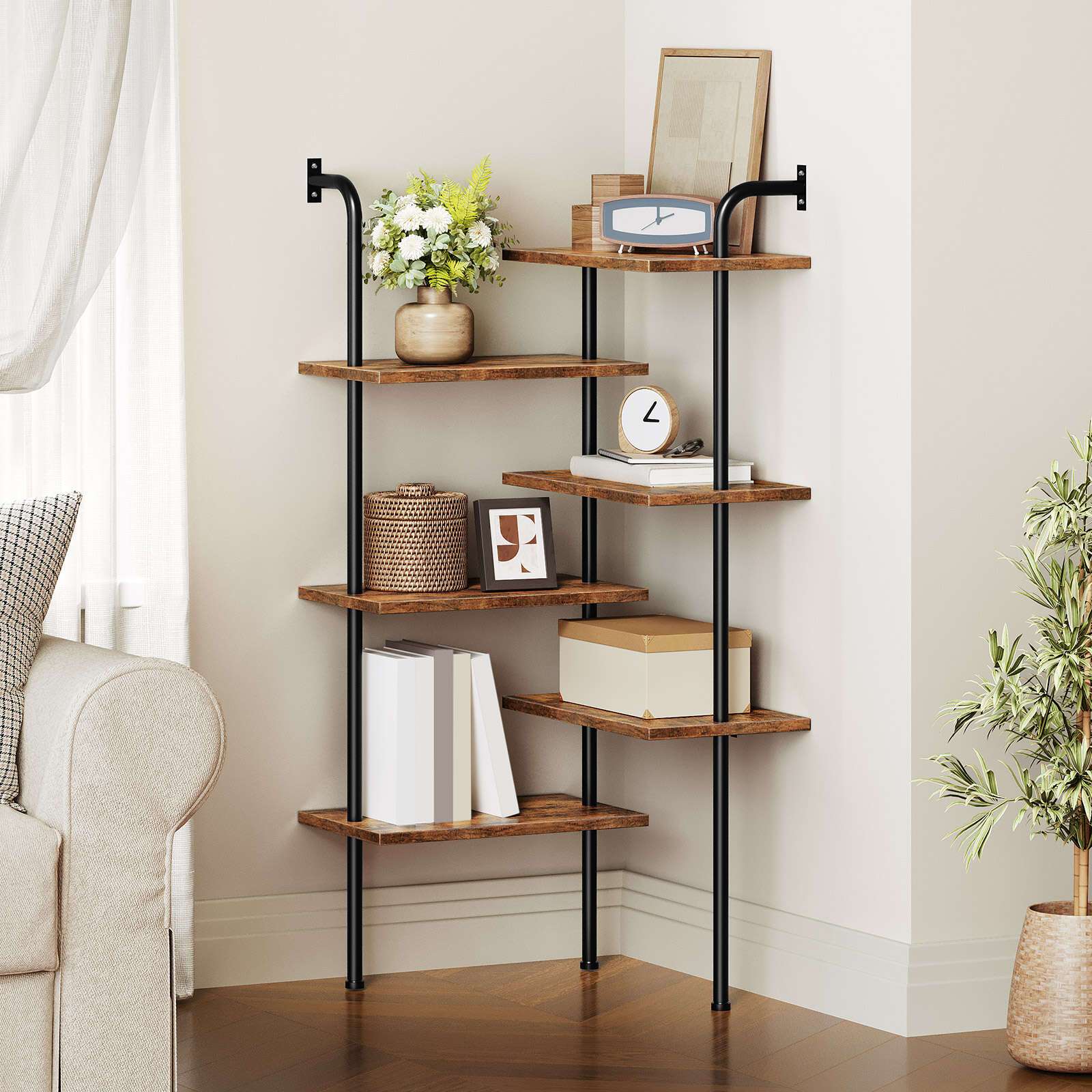 6-Tier Rustic Brown Corner Bookshelf - Space-Saving L-Shaped Wall Mount, Anti-Tip Metal Frame with Wooden Shelves for Living Room, Balcony, Study - Ideal for Decorative Displays and Organizing Books, Decorative Bookshelf | Op