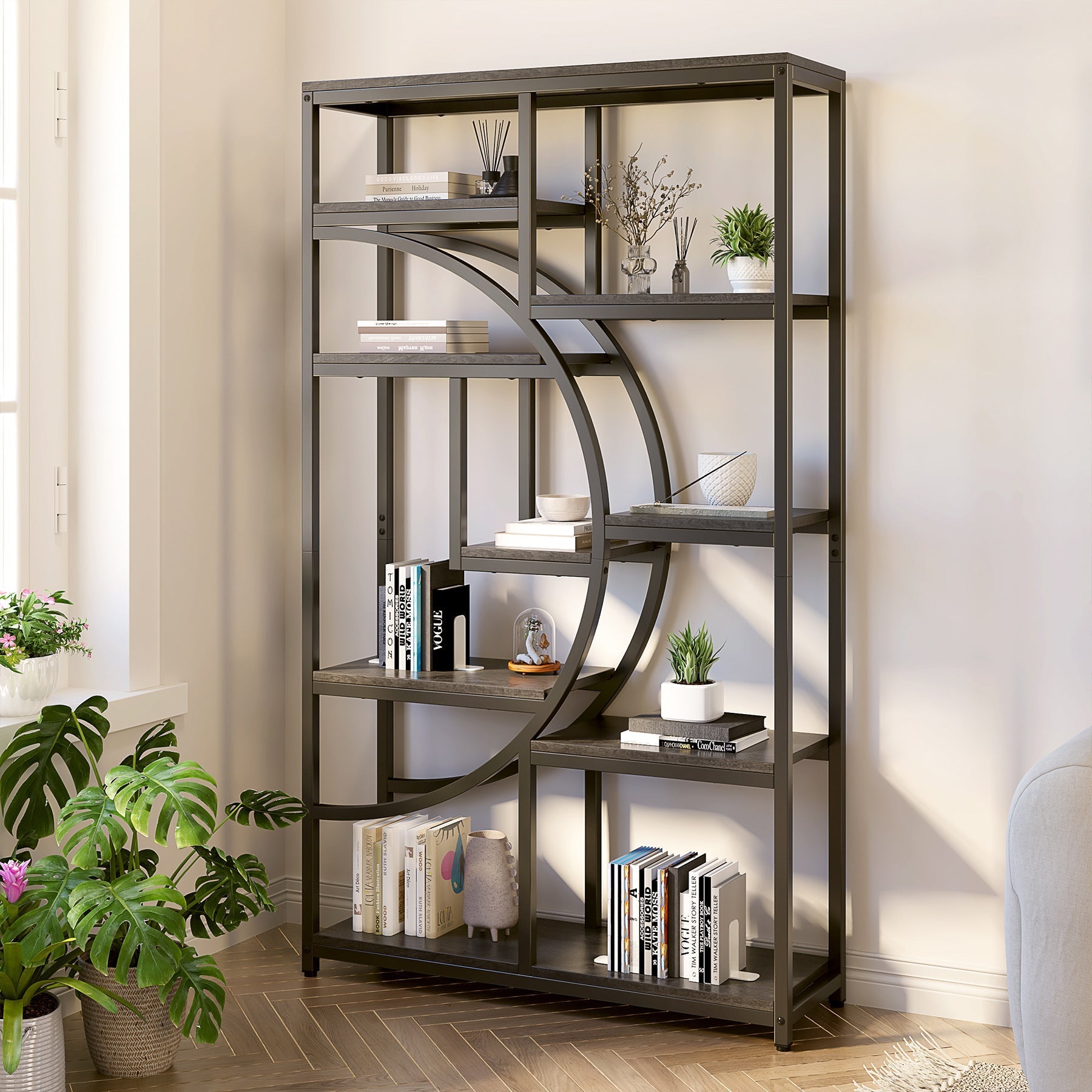 Freestanding Bookshelf, 175 cm Etagere Bookcase with 9 Open Shelves