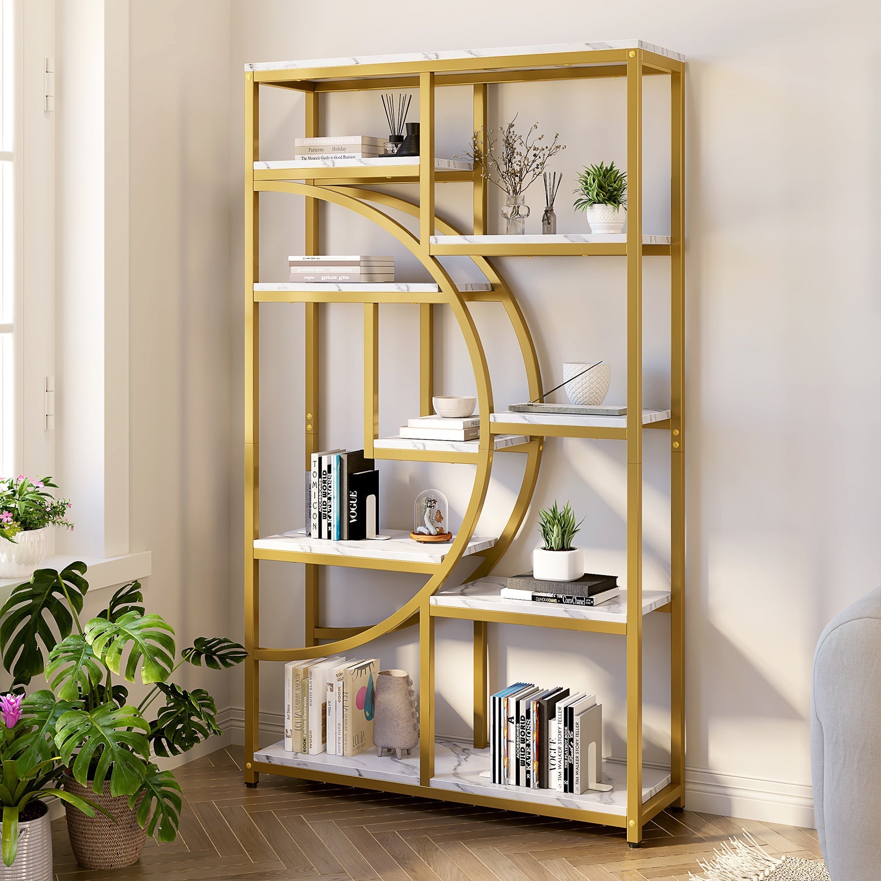 Freestanding Bookshelf, 175 cm Etagere Bookcase with 9 Open Shelves