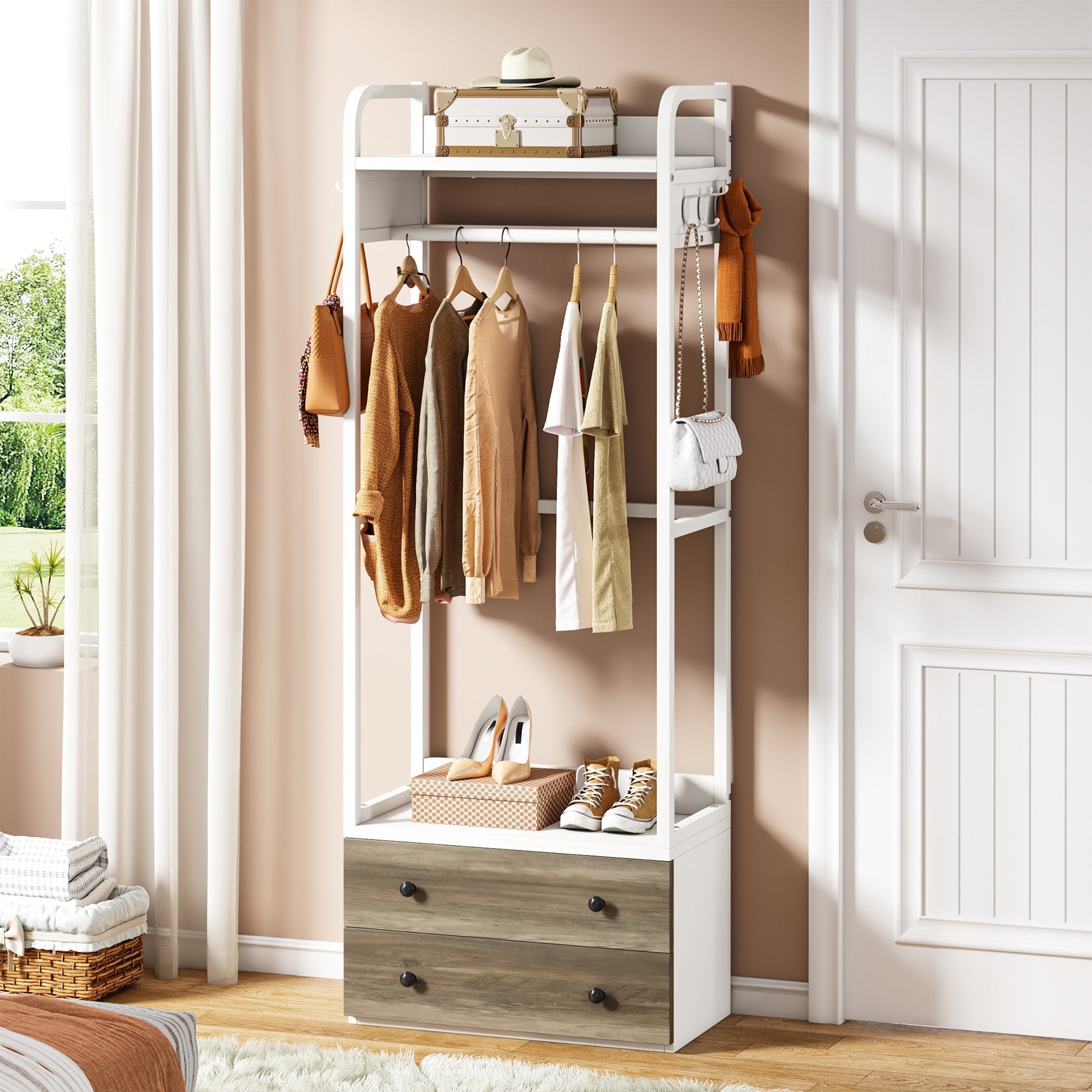 Freestanding Closet Organizer, Coat Rack with Drawers and Shelves (in cm)