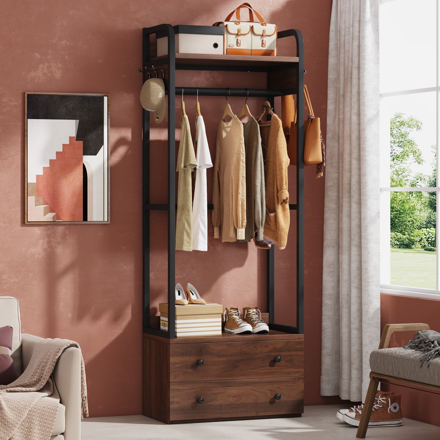 Freestanding Closet Organizer, Coat Rack with Drawers and Shelves (in cm)