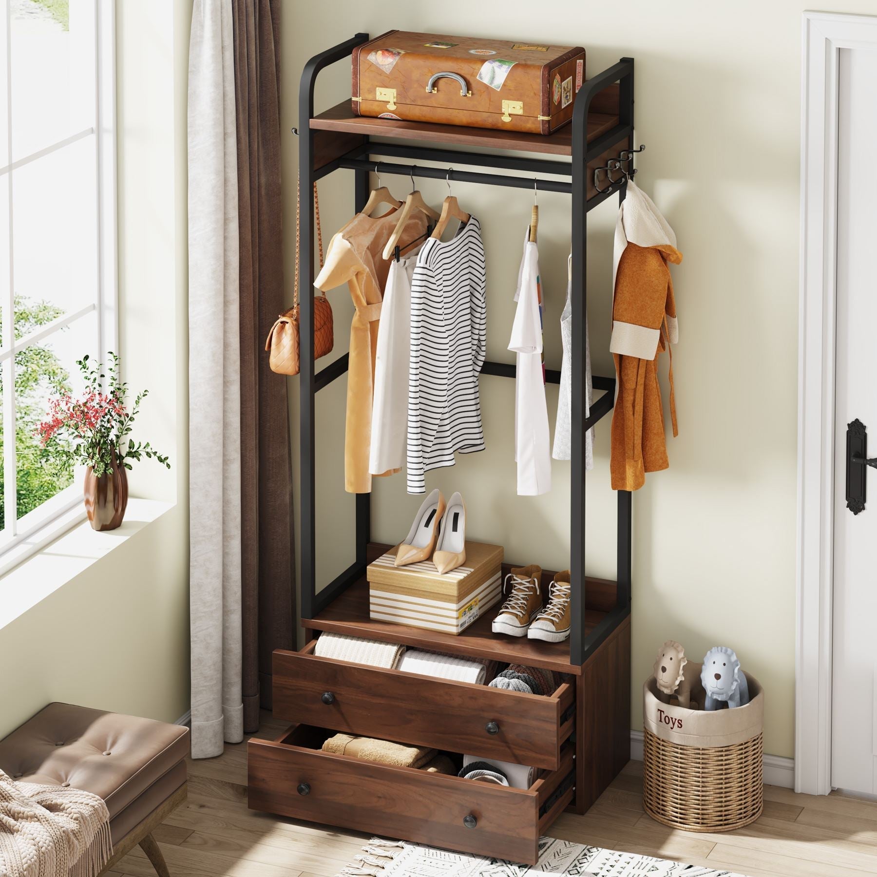 Freestanding Closet Organizer, Coat Rack with Drawers and Shelves (in cm)