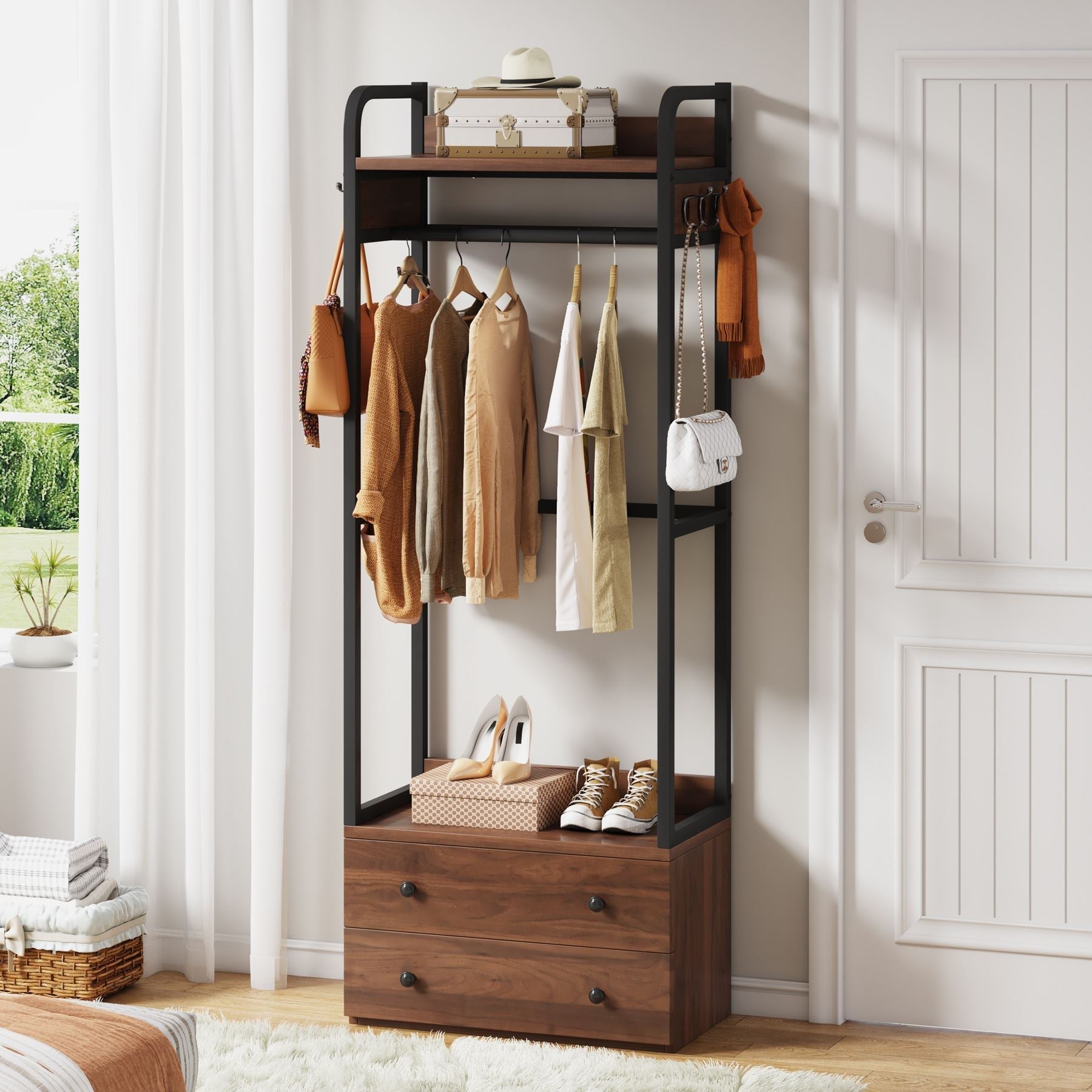 Freestanding Closet Organizer, Coat Rack with Drawers and Shelves (in cm)