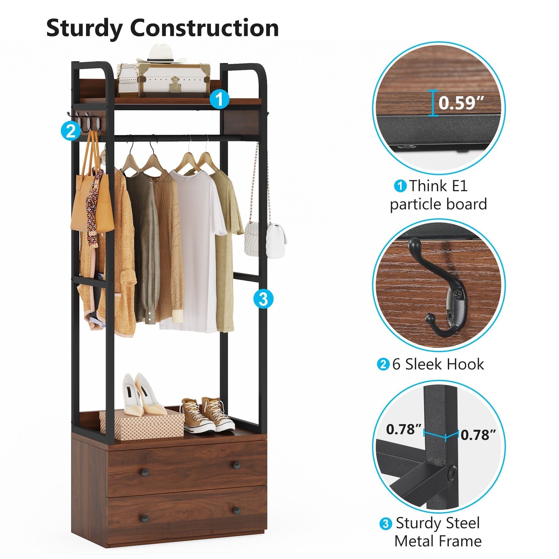 Freestanding Closet Organizer, Coat Rack with Drawers and Shelves (in cm)