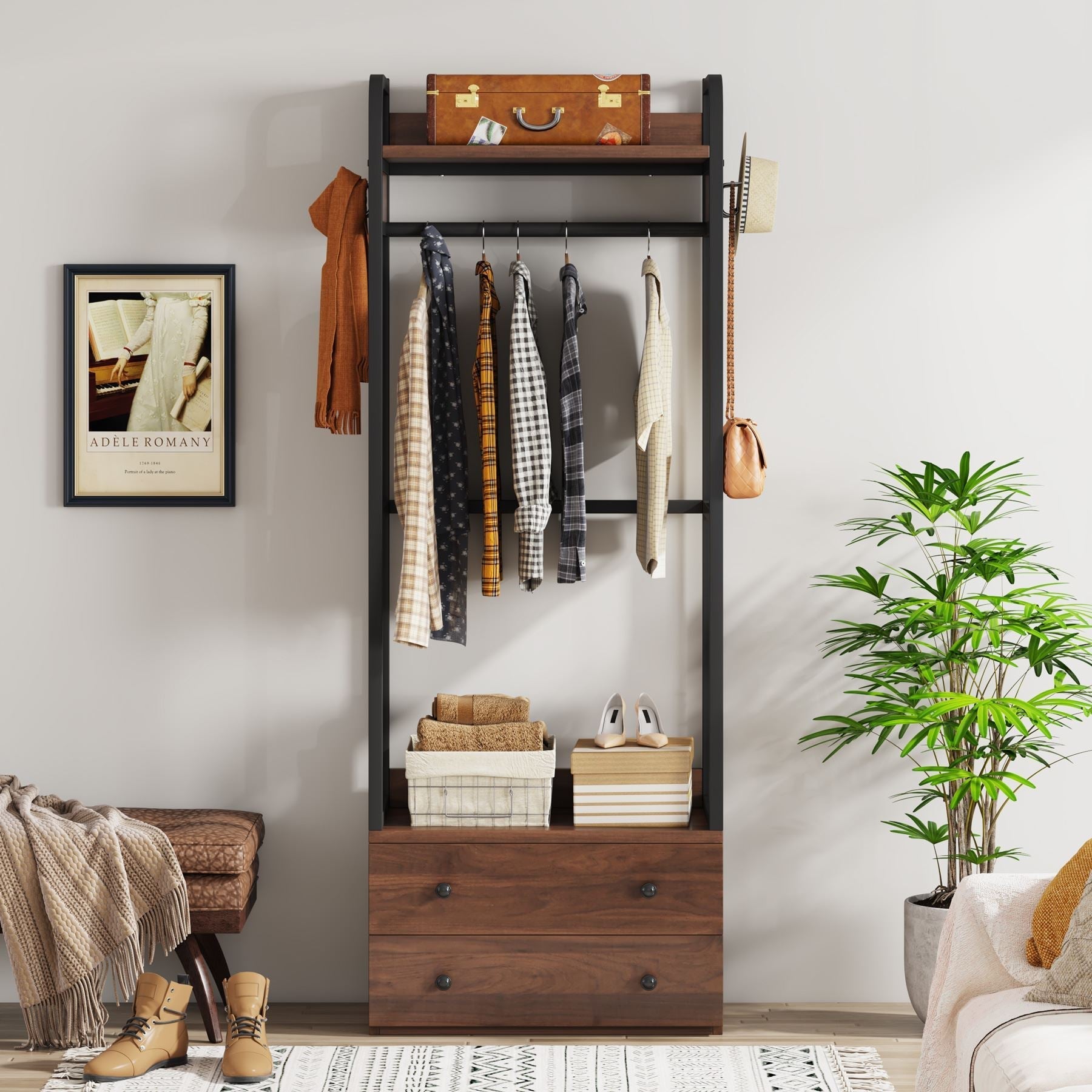 Freestanding Closet Organizer, Coat Rack with Drawers and Shelves (in cm)