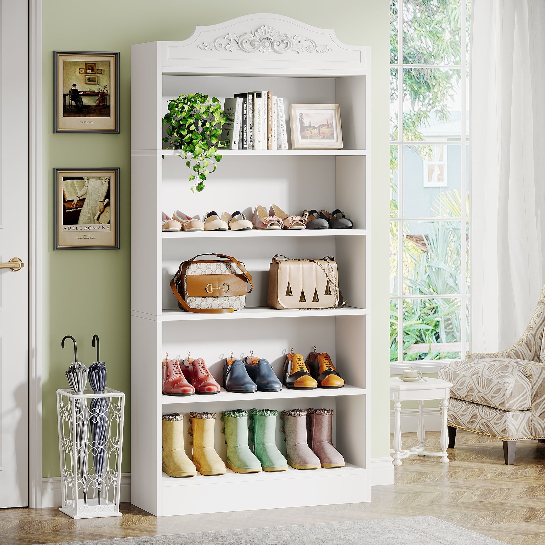 Freestanding Shoe Cabinet, 185 cm Wood 5 Tiers Shoe Storage Rack