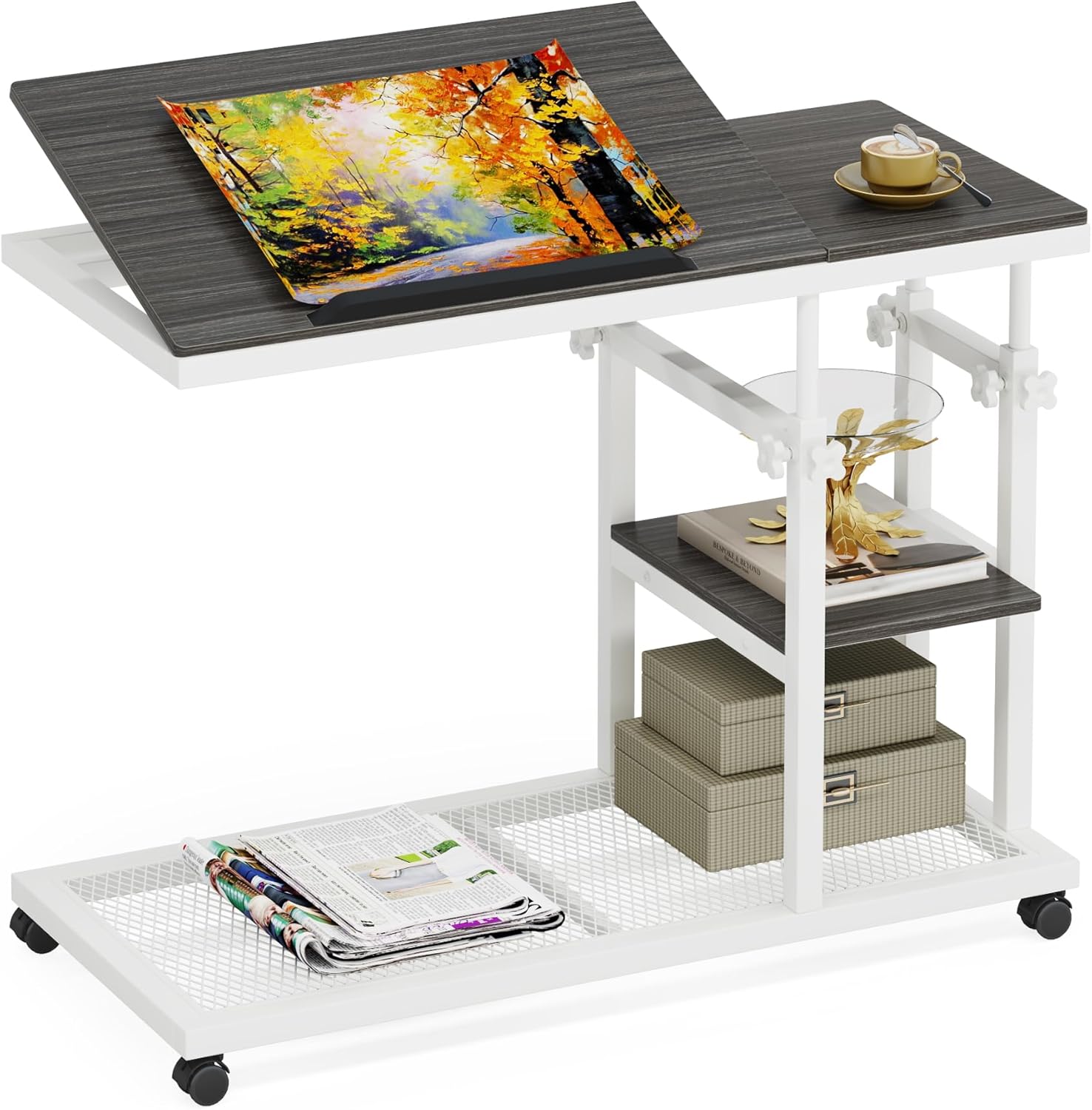 Height Adjustable C Table, Mobile Side Table with Tiltable Drawing Board