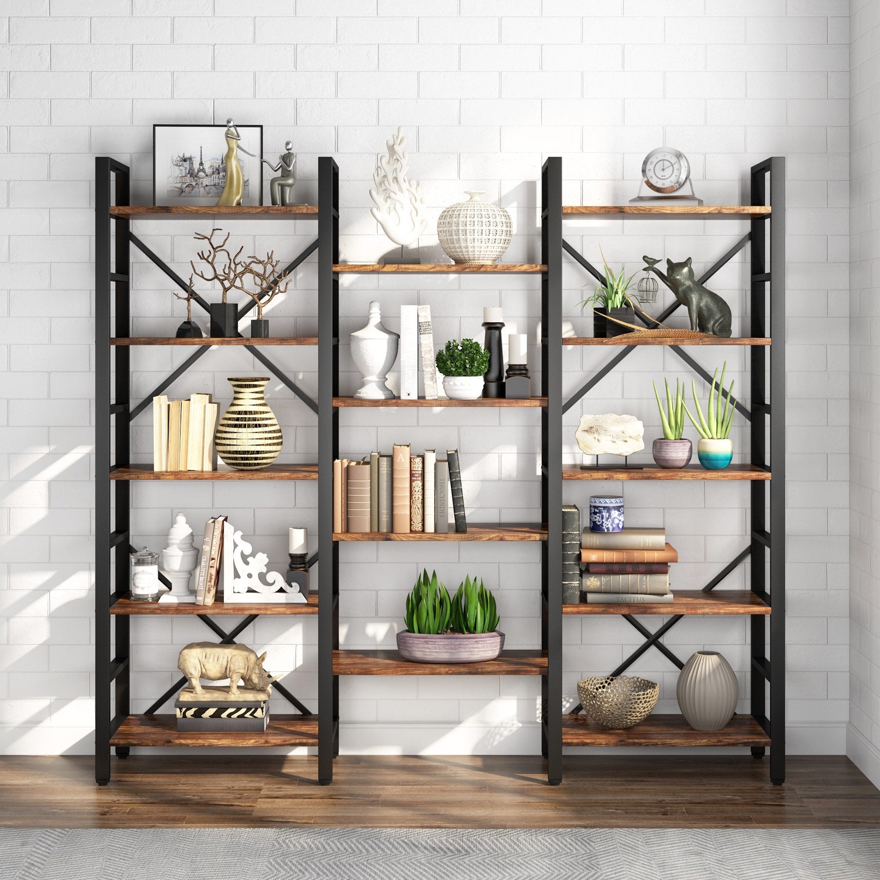 Industrial Bookshelf, Triple Wide 14-Shelves Etagere Bookcase (cm)