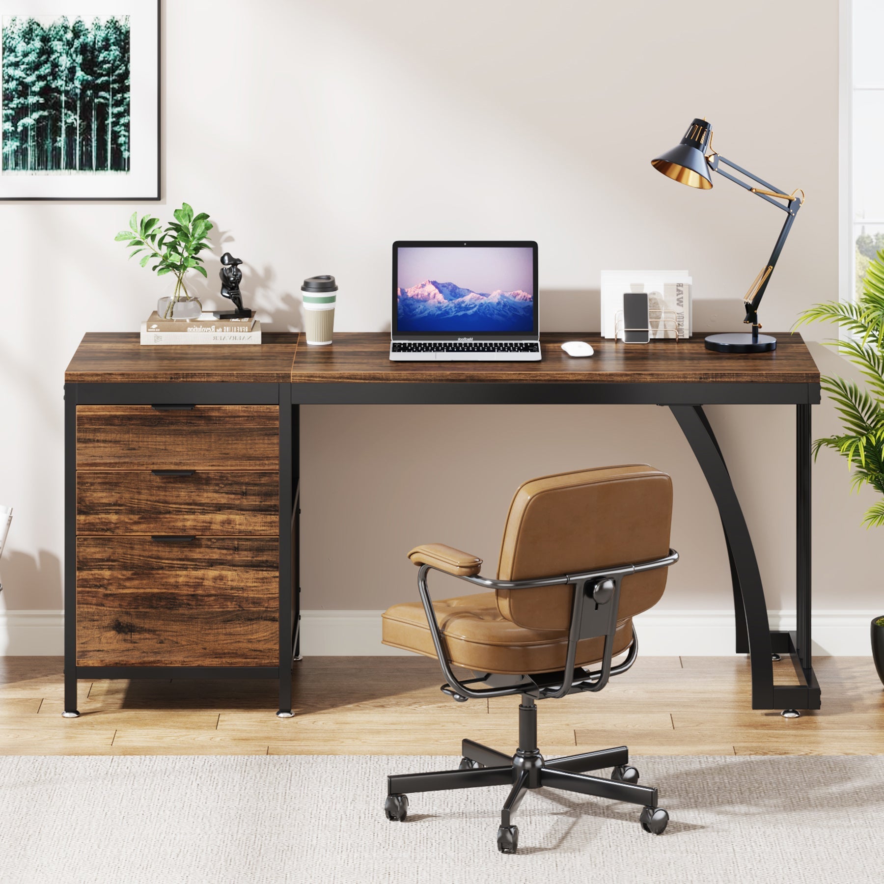 Industrial Computer Desk, 150 cm Study Desk with Reversible Drawer Cabinet