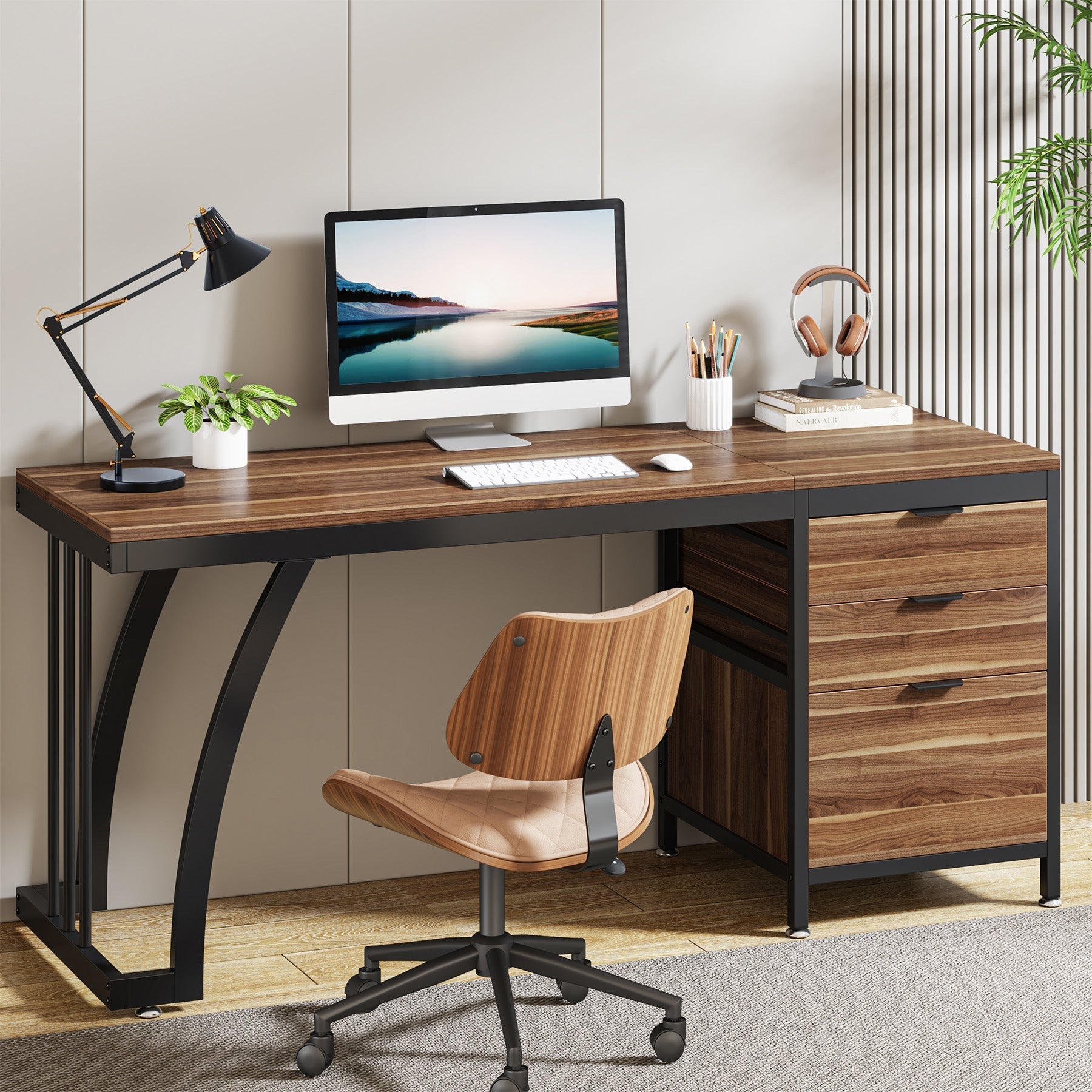 Industrial Computer Desk, 150 cm Study Desk with Reversible Drawer Cabinet