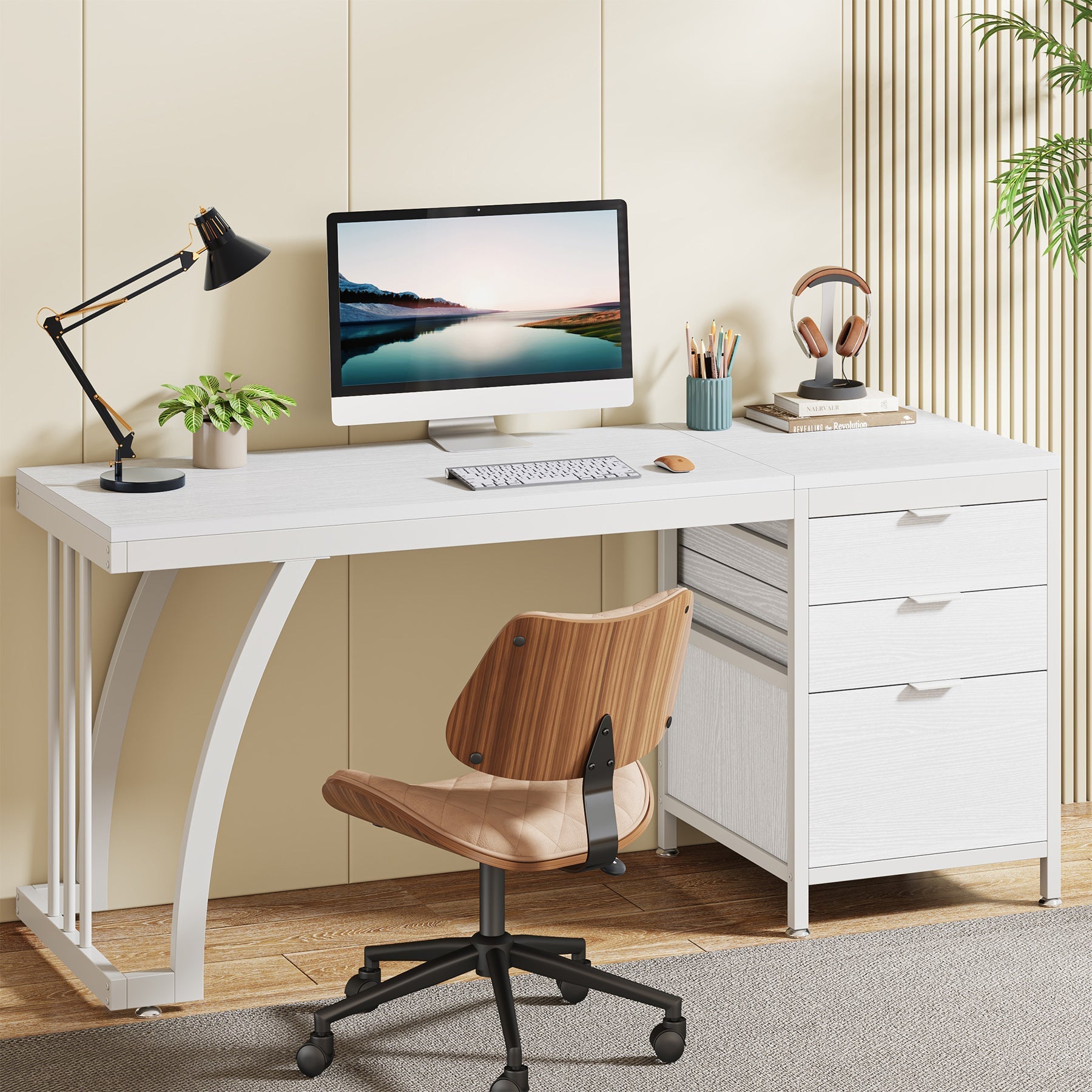 Industrial Computer Desk, 150 cm Study Desk with Reversible Drawer Cabinet