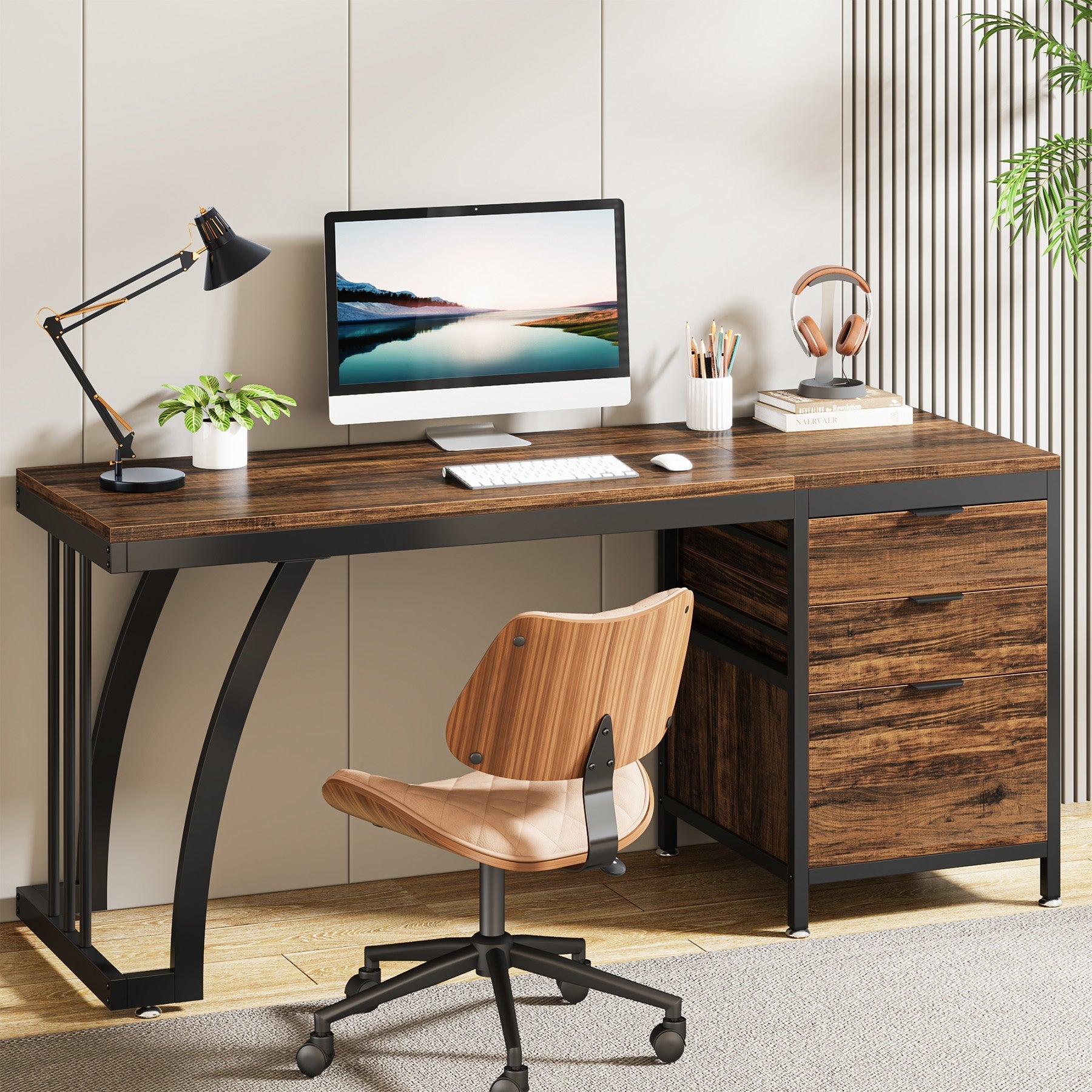 Industrial Computer Desk, 150 cm Study Desk with Reversible Drawer Cabinet