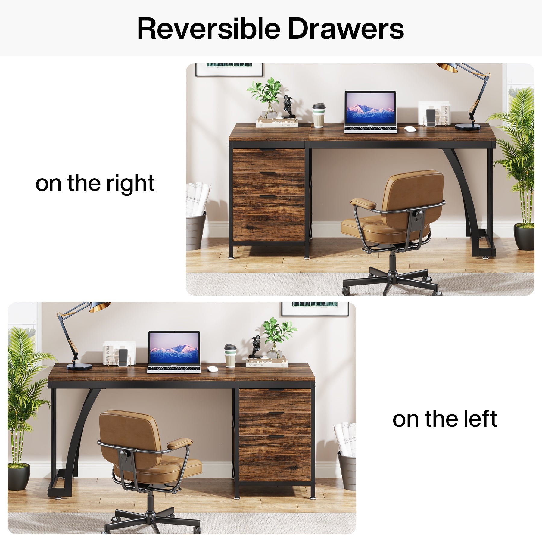 Industrial Computer Desk, 150 cm Study Desk with Reversible Drawer Cabinet