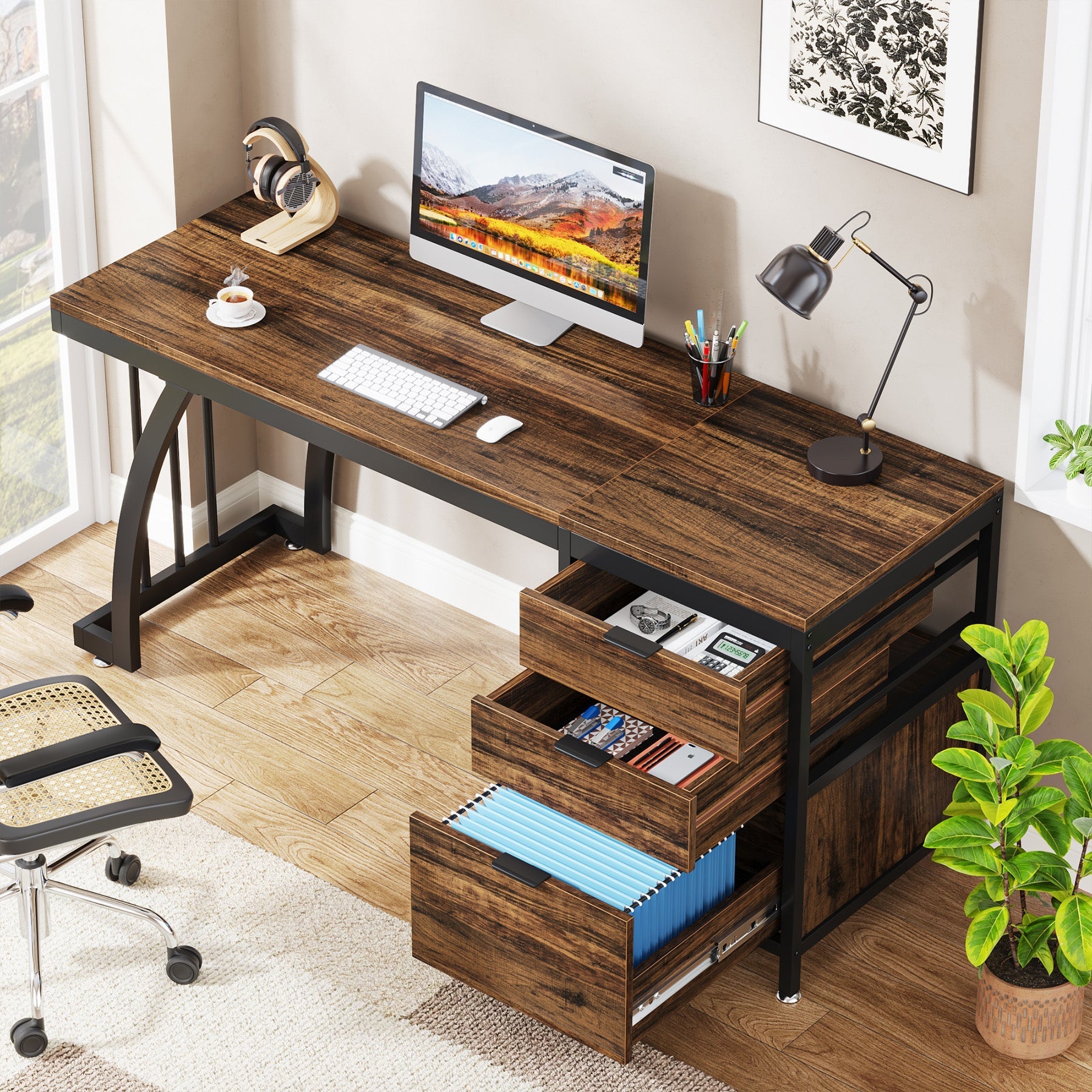 Industrial Computer Desk, 150 cm Study Desk with Reversible Drawer Cabinet