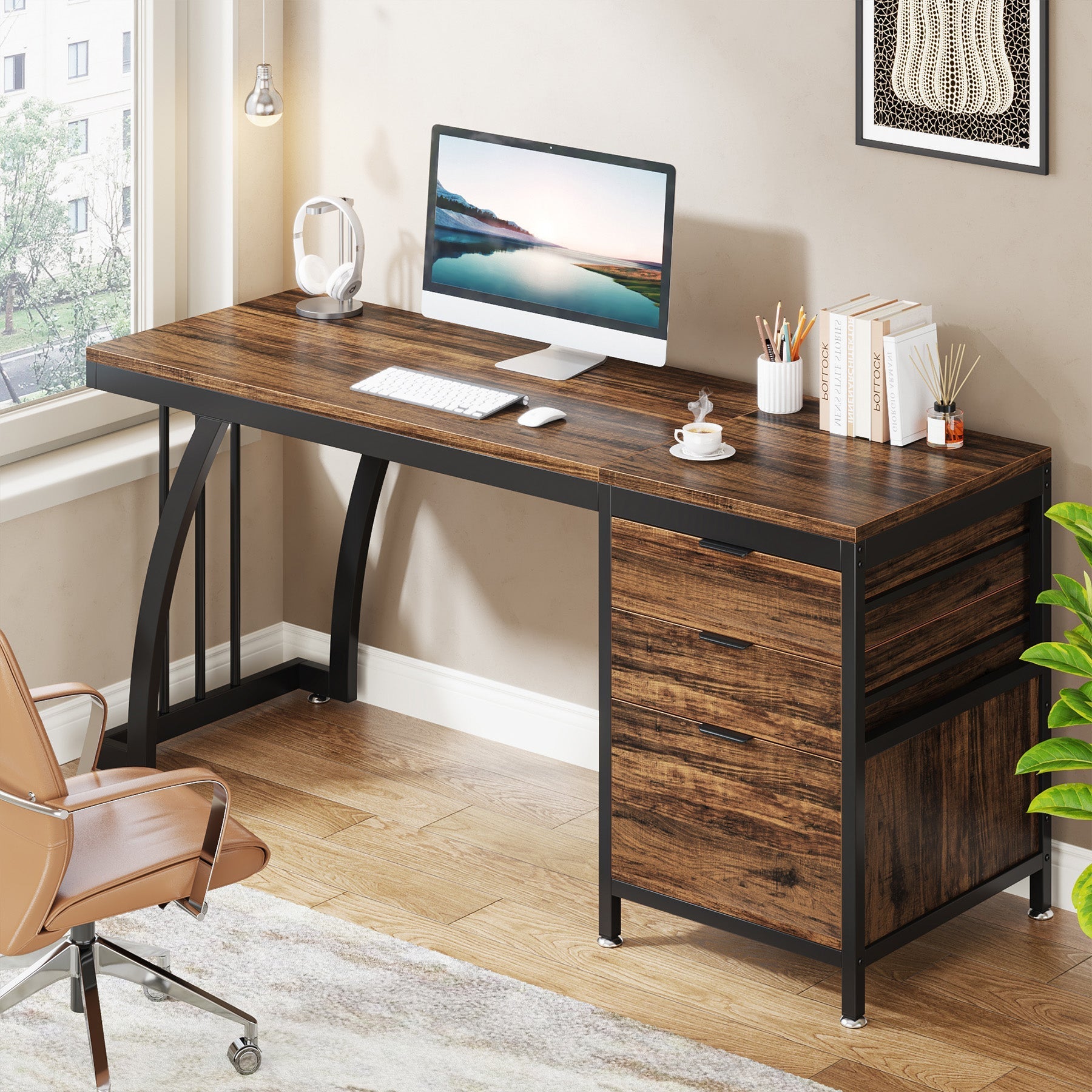 Industrial Computer Desk, 150 cm Study Desk with Reversible Drawer Cabinet