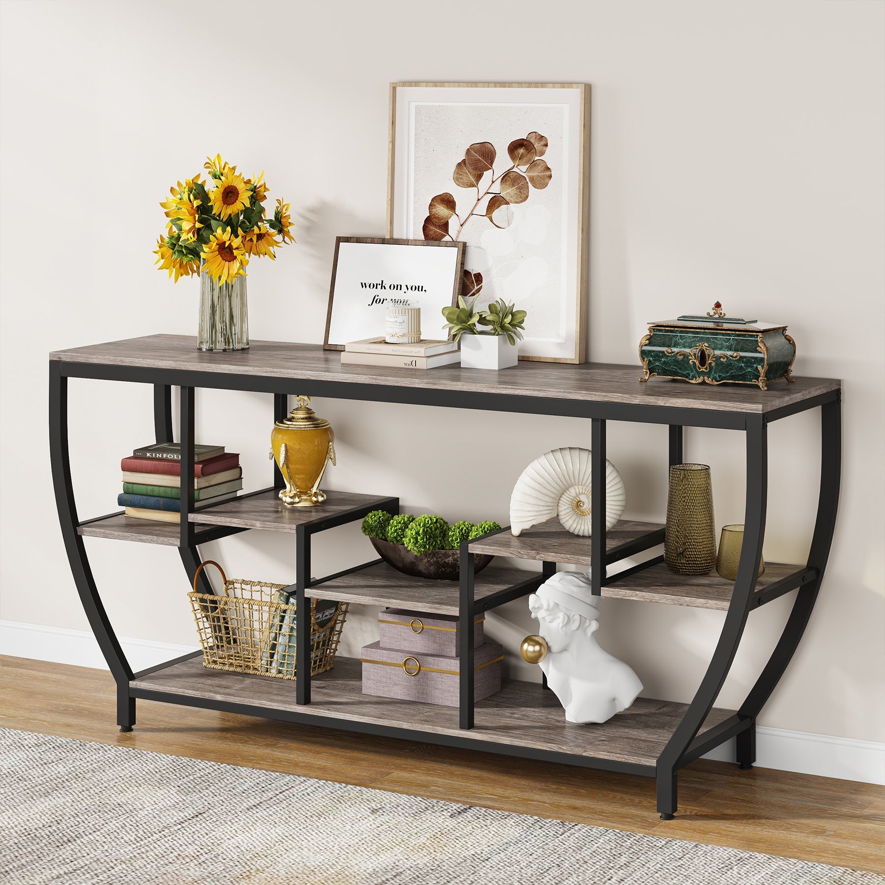 Industrial Console Table, 180 cm Entryway Sofa Table with Shelves