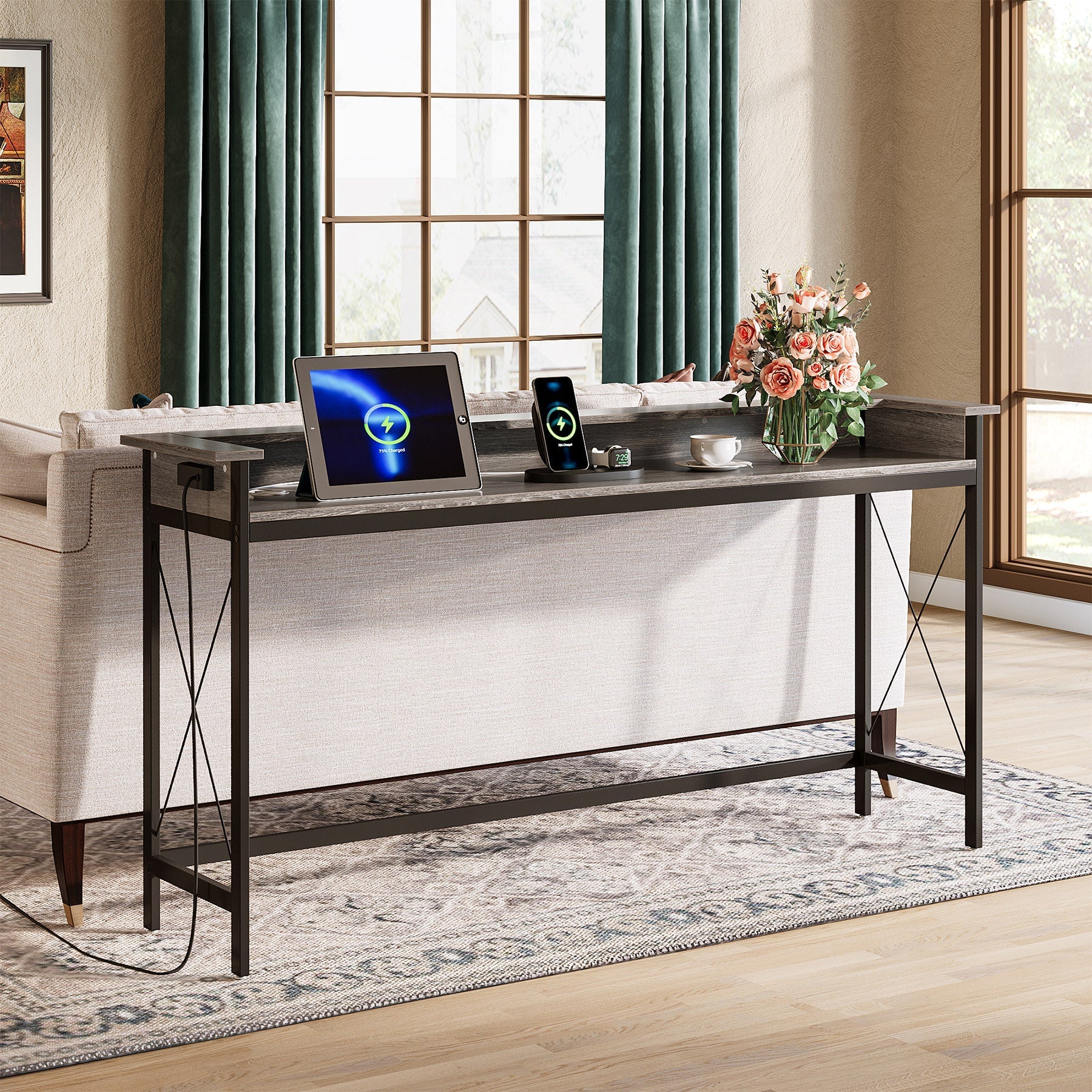 Industrial Console Table, 180 cm Sofa Table with Outlets and USB Ports