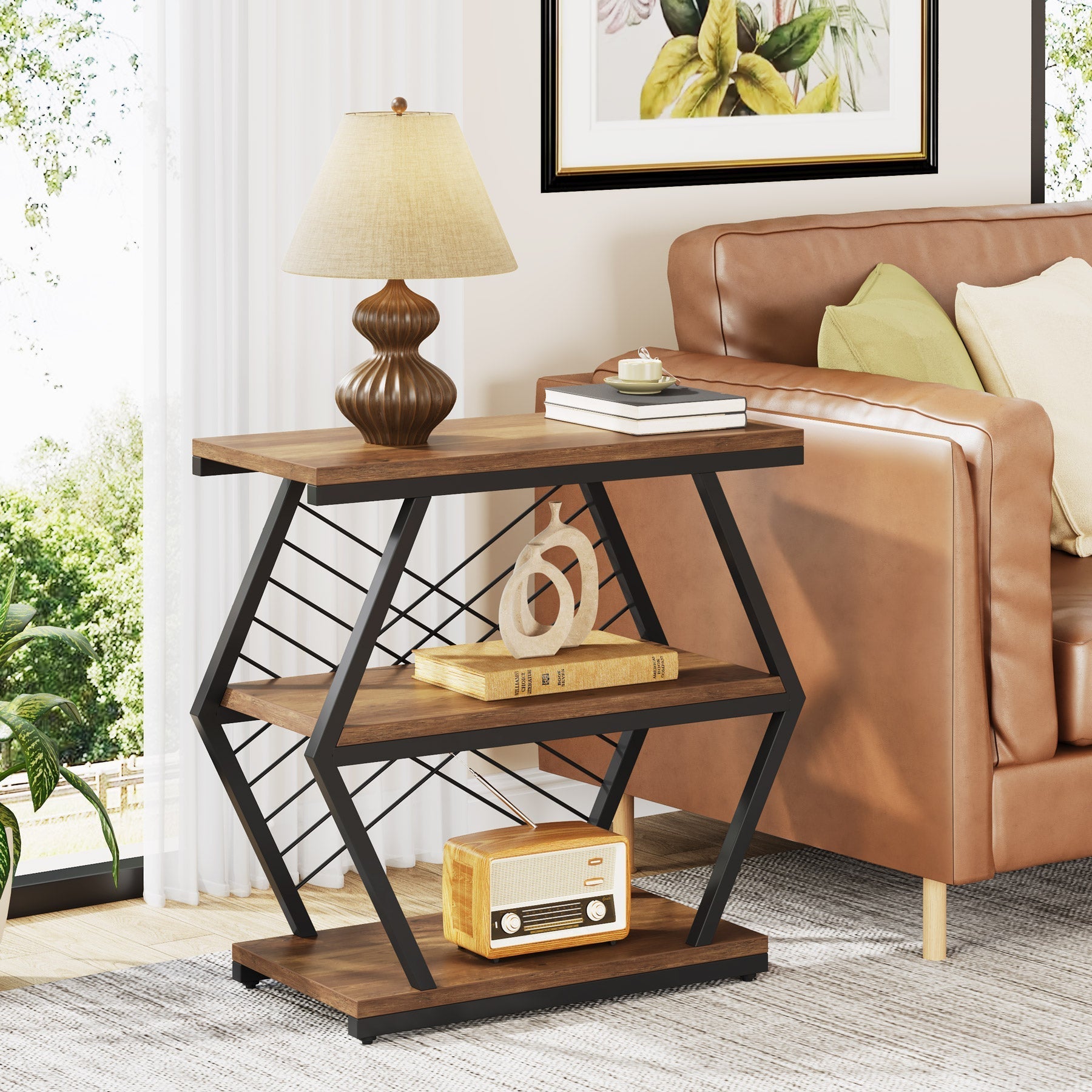 Industrial End Table Side Table with 3 Storage Shelves & Metal Frame