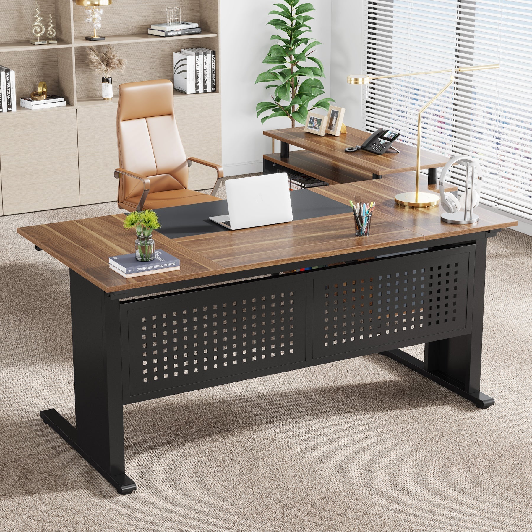 Industrial L-Shaped Desk, 160 cm Computer Executive Desk with File Cabinet