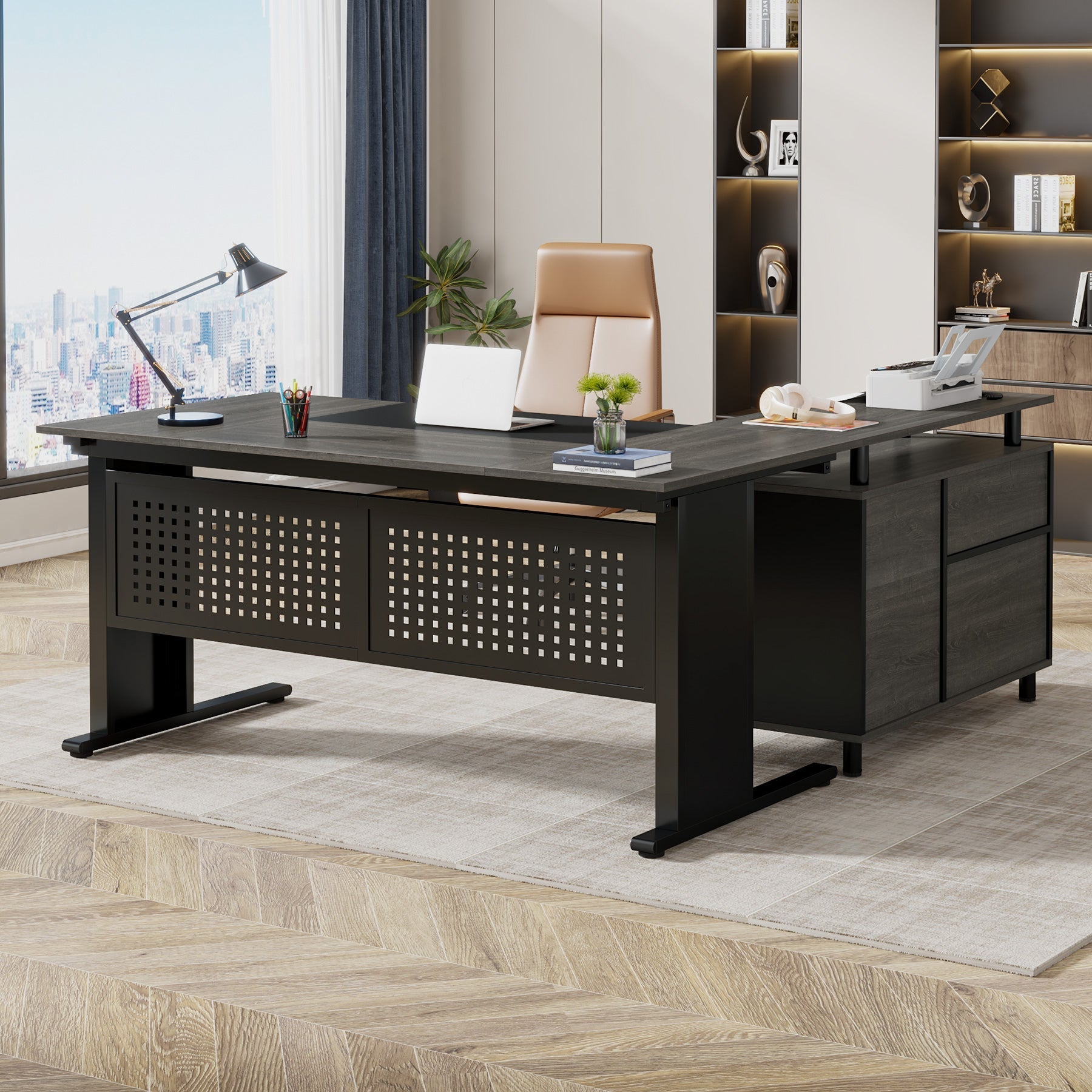 Industrial L-Shaped Desk, 160 cm Computer Executive Desk with File Cabinet