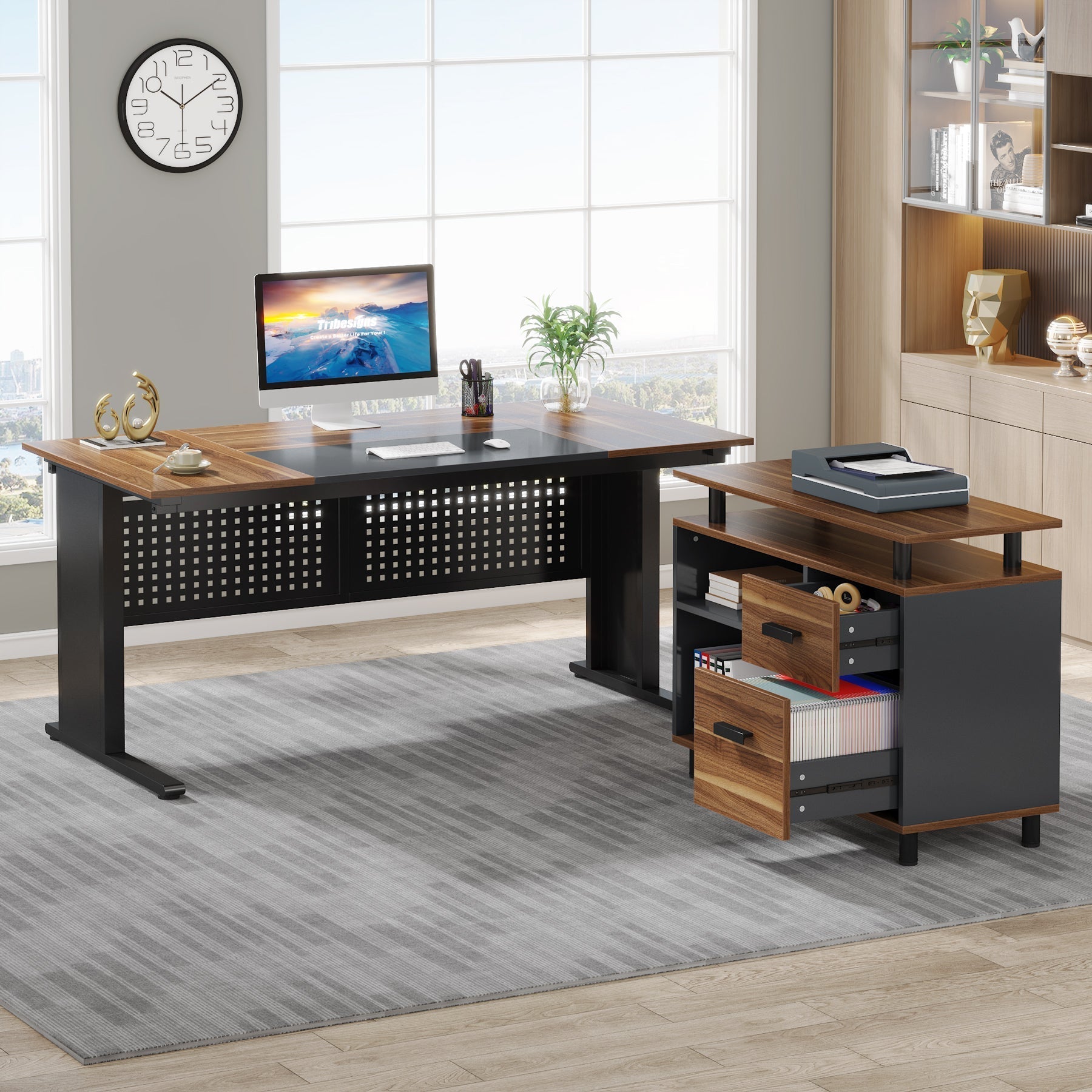 Industrial L-Shaped Desk, 160 cm Computer Executive Desk with File Cabinet