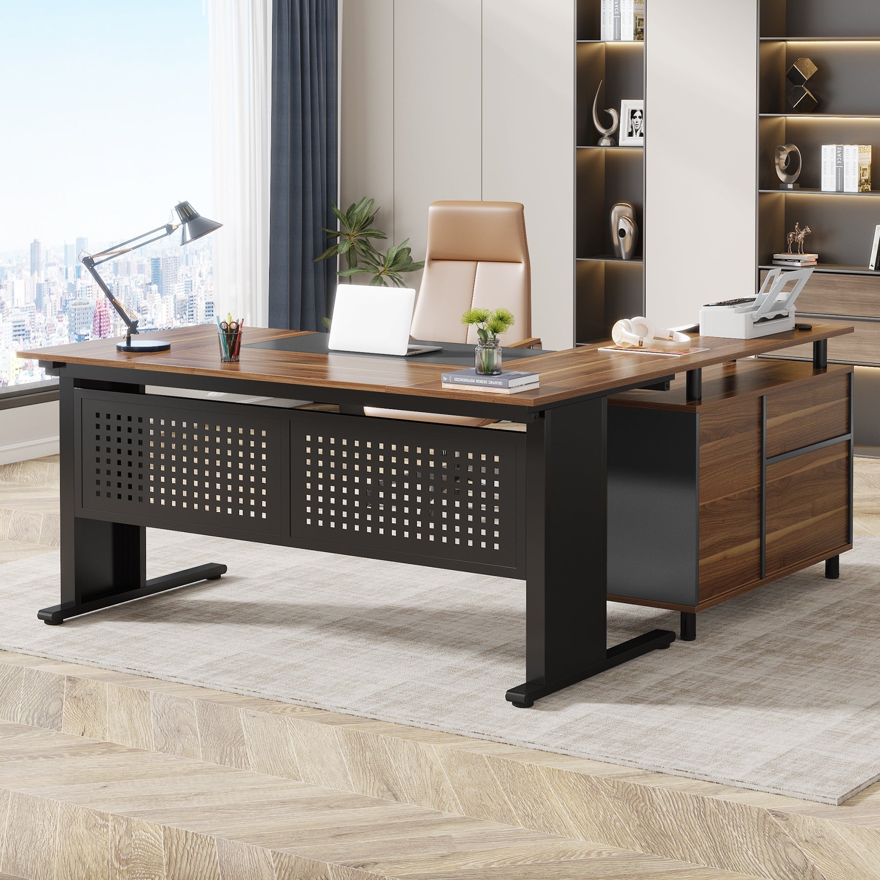 Industrial L-Shaped Desk, 160 cm Computer Executive Desk with File Cabinet