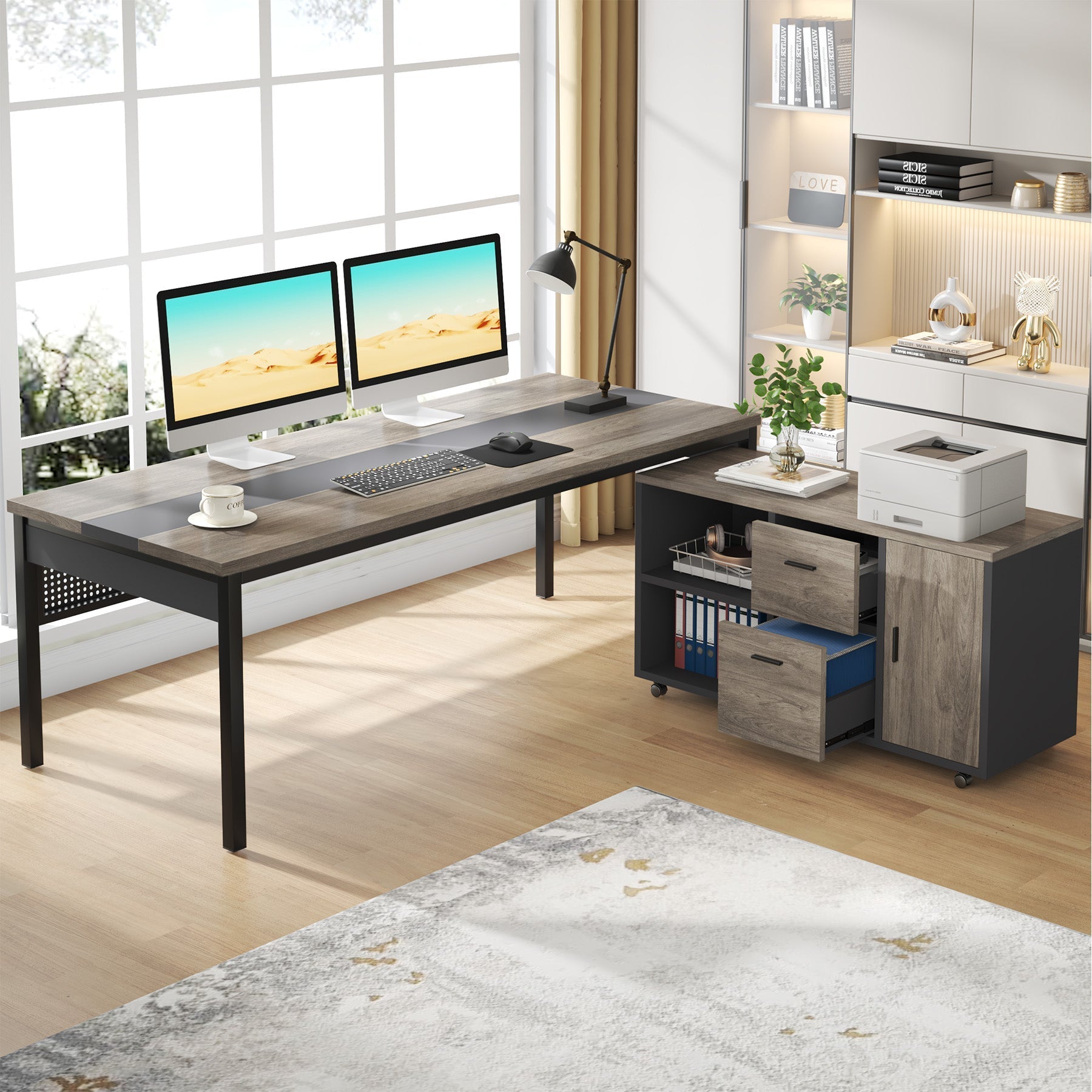 Industrial L-Shaped Desk, 180 cm Executive Desk with 120 cm Mobile File Cabinet