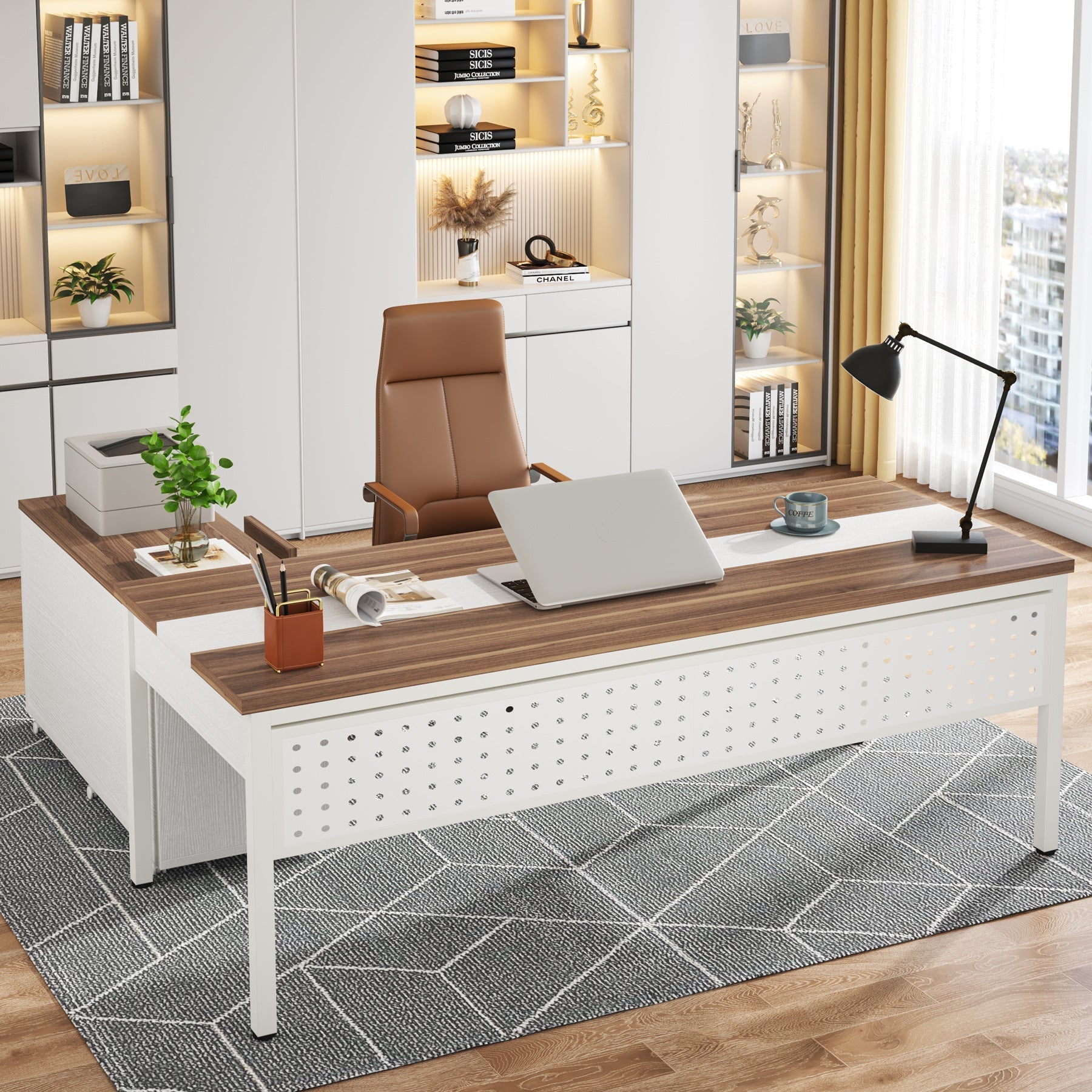 Industrial L-Shaped Desk, 180 cm Executive Desk with 120 cm Mobile File Cabinet