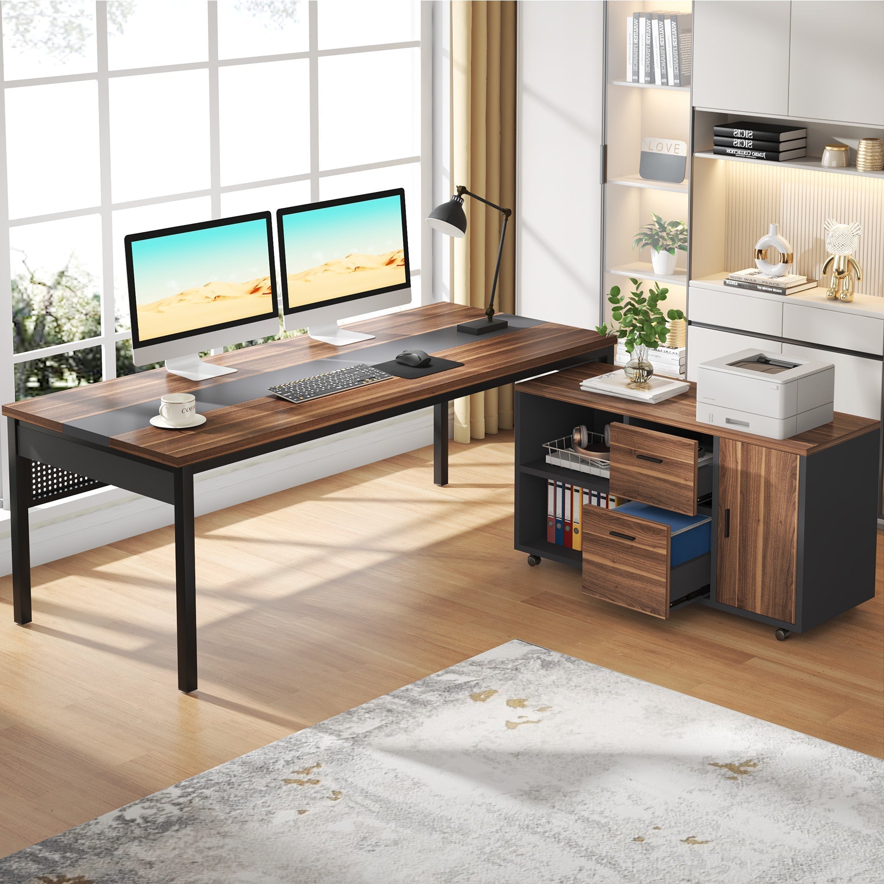 Industrial L-Shaped Desk, 180 cm Executive Desk with 120 cm Mobile File Cabinet