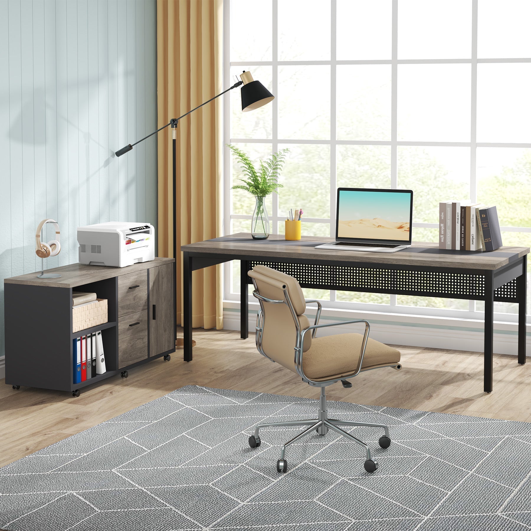 Industrial L-Shaped Desk, 180 cm Executive Desk with 120 cm Mobile File Cabinet