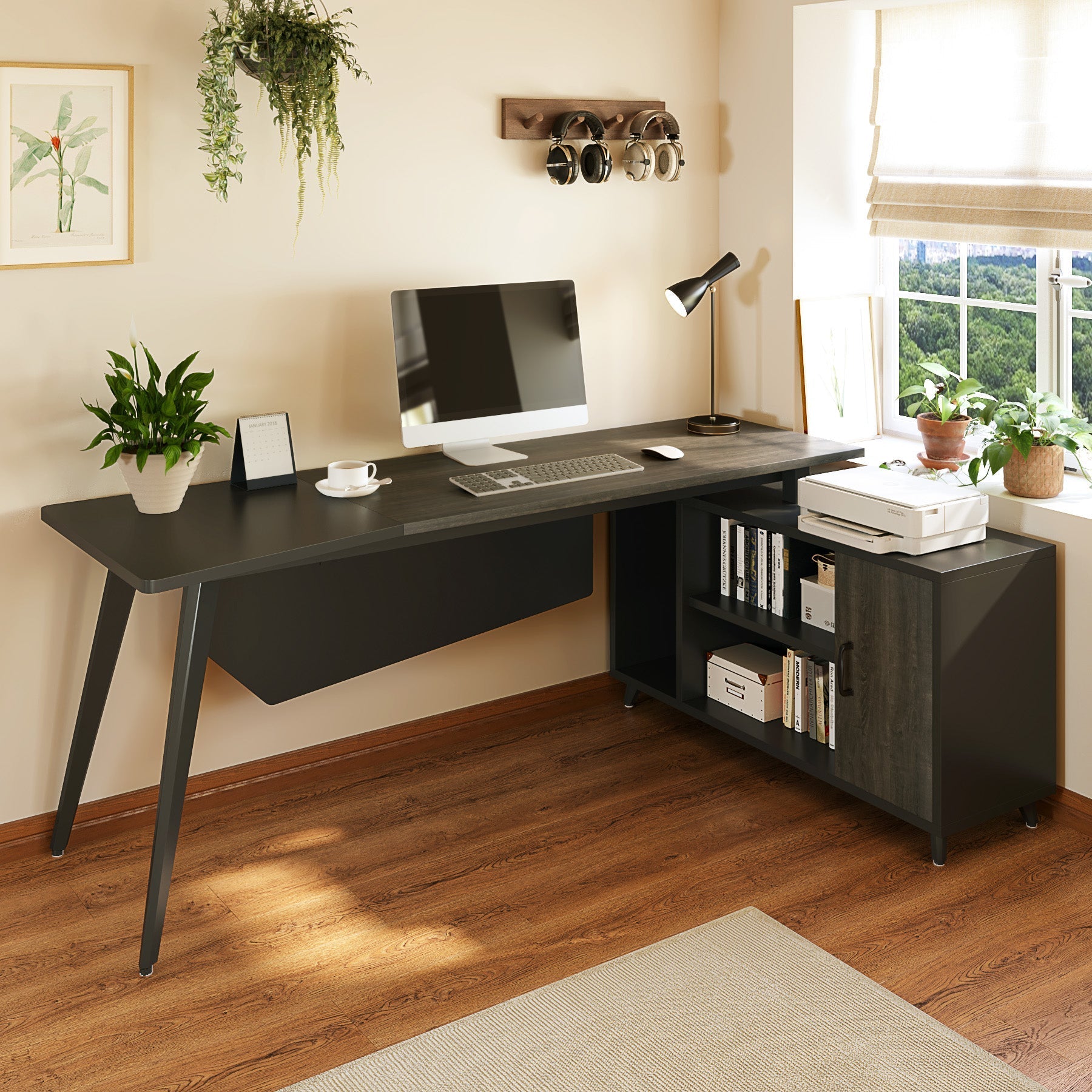 Industrial L-Shaped Desk, 200 cm Executive Office Desk with File Cabinet