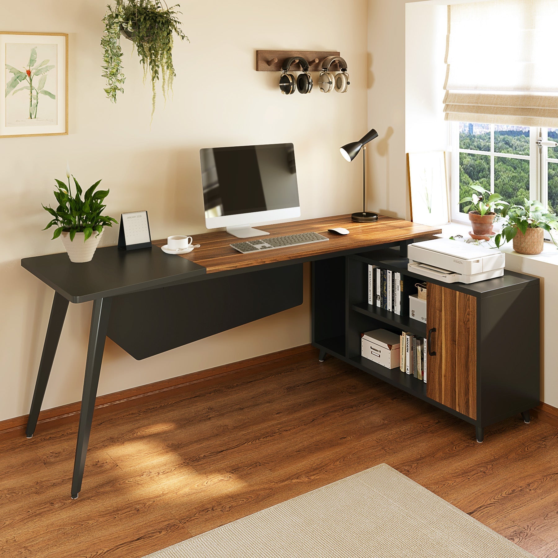 Industrial L-Shaped Desk, 200 cm Executive Office Desk with File Cabinet